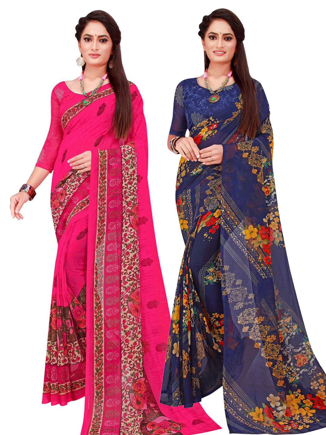 

Florence Navy Blue & Magenta Floral Pack Of 2 Pure Georgette Saree