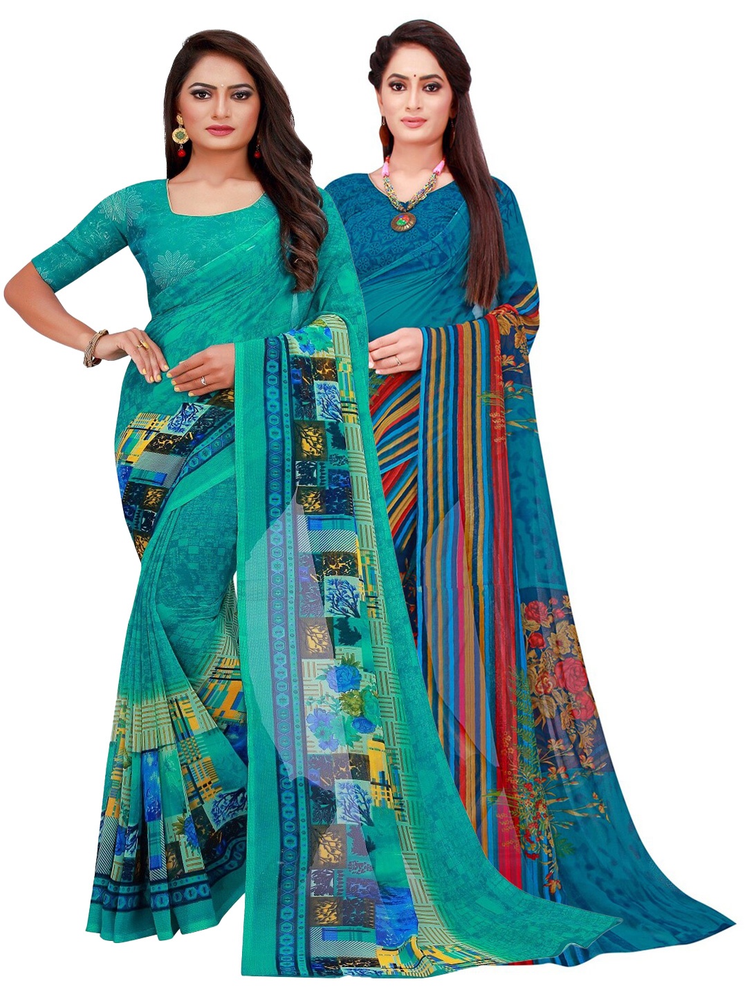 

KALINI Turquoise Blue & Blue Floral Pack of 2 Pure Georgette Saree