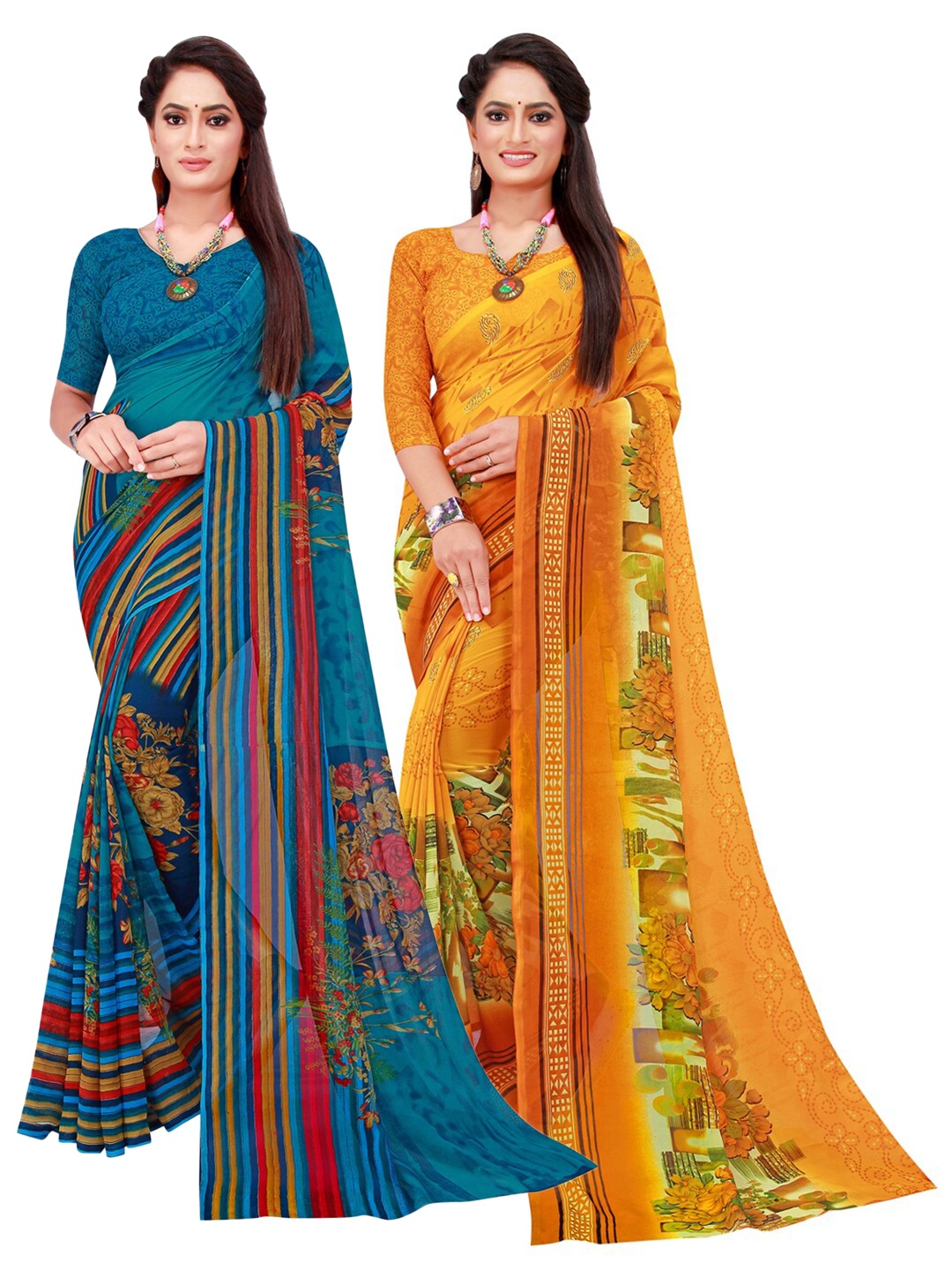 

KALINI Turquoise Blue & Yellow Floral Pack of 2 Pure Georgette Saree