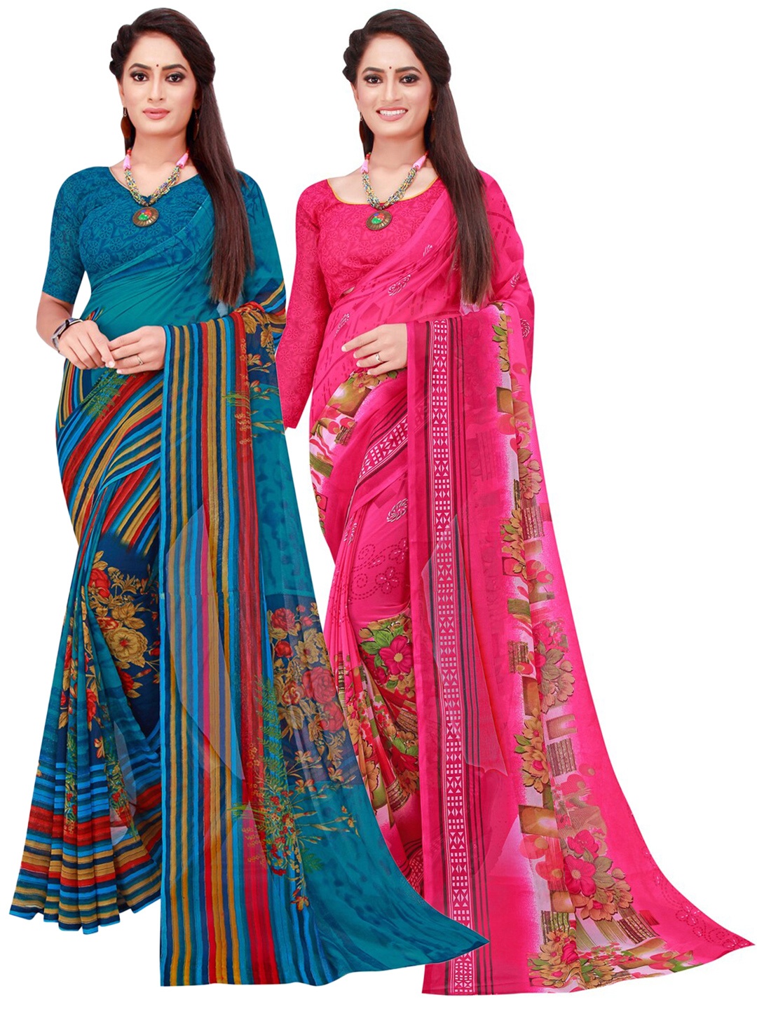 

KALINI Turquoise Blue & Magenta Floral Pack of 2 Pure Georgette Saree