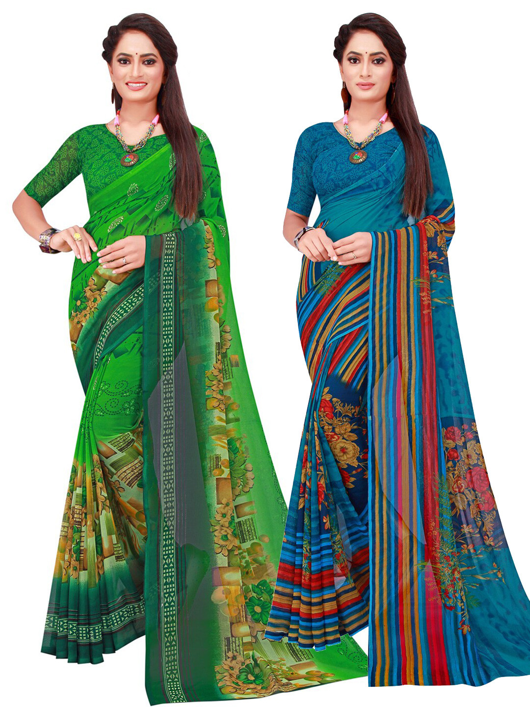 

KALINI Turquoise Blue & Green Geometric Pack of 2 Pure Georgette Saree