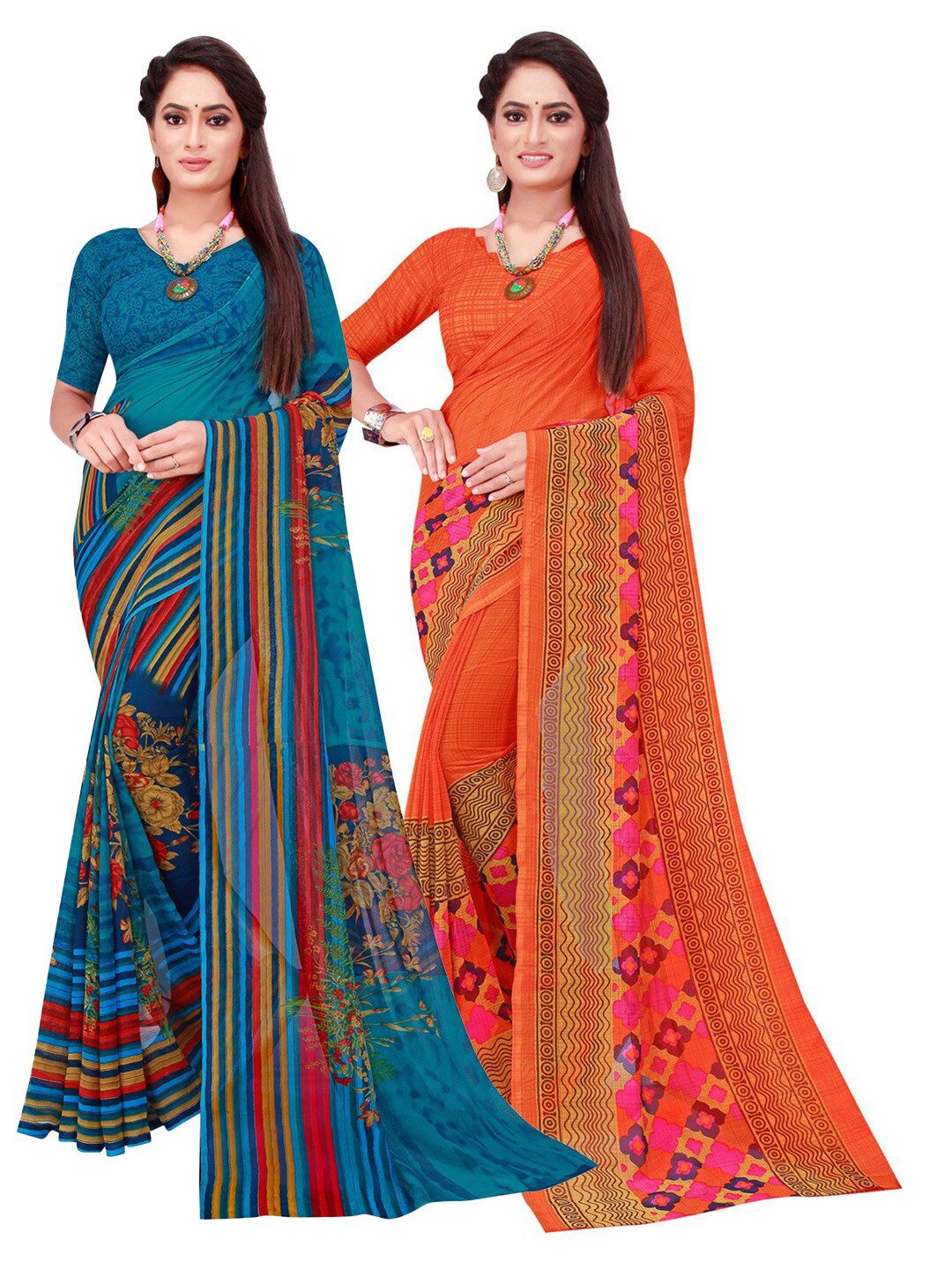 

KALINI Red & Blue Floral Pack of 2 Pure Georgette Saree
