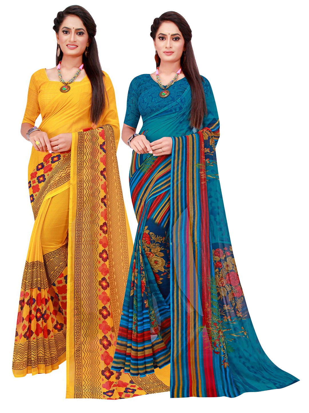 

KALINI Yellow & Blue Geometric Pack of 2 Pure Georgette Saree