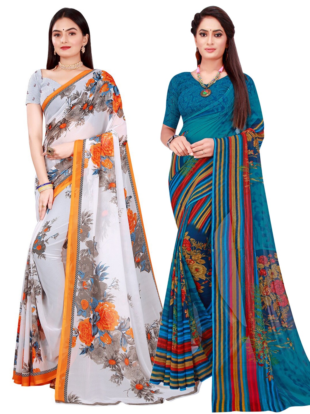 

KALINI Blue & White Floral Pack of 2 Pure Georgette Saree