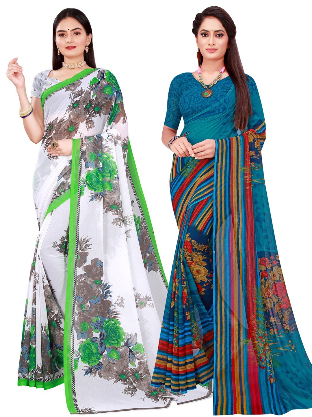 

KALINI Blue & White Floral Pack of 2 Pure Georgette Saree
