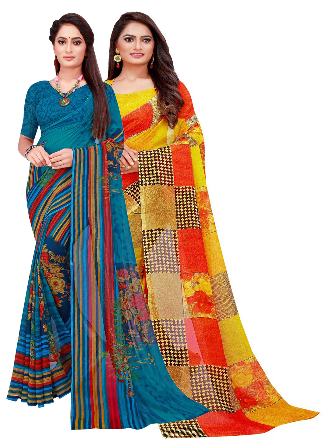 

KALINI Blue & Yellow Geometric Pack of 2 Pure Georgette Saree