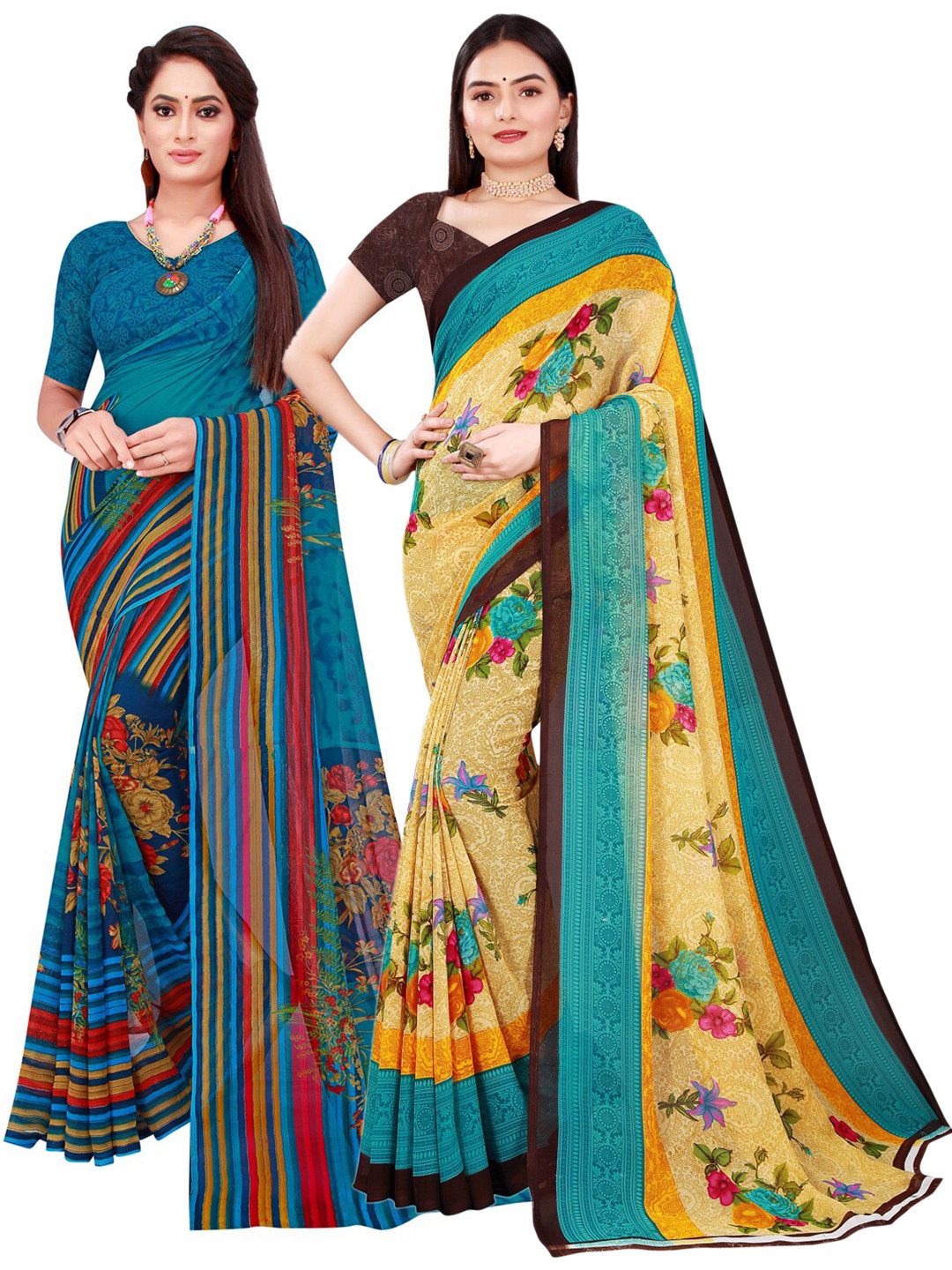 

KALINI Blue & Beige Floral Pack of 2 Pure Georgette Saree