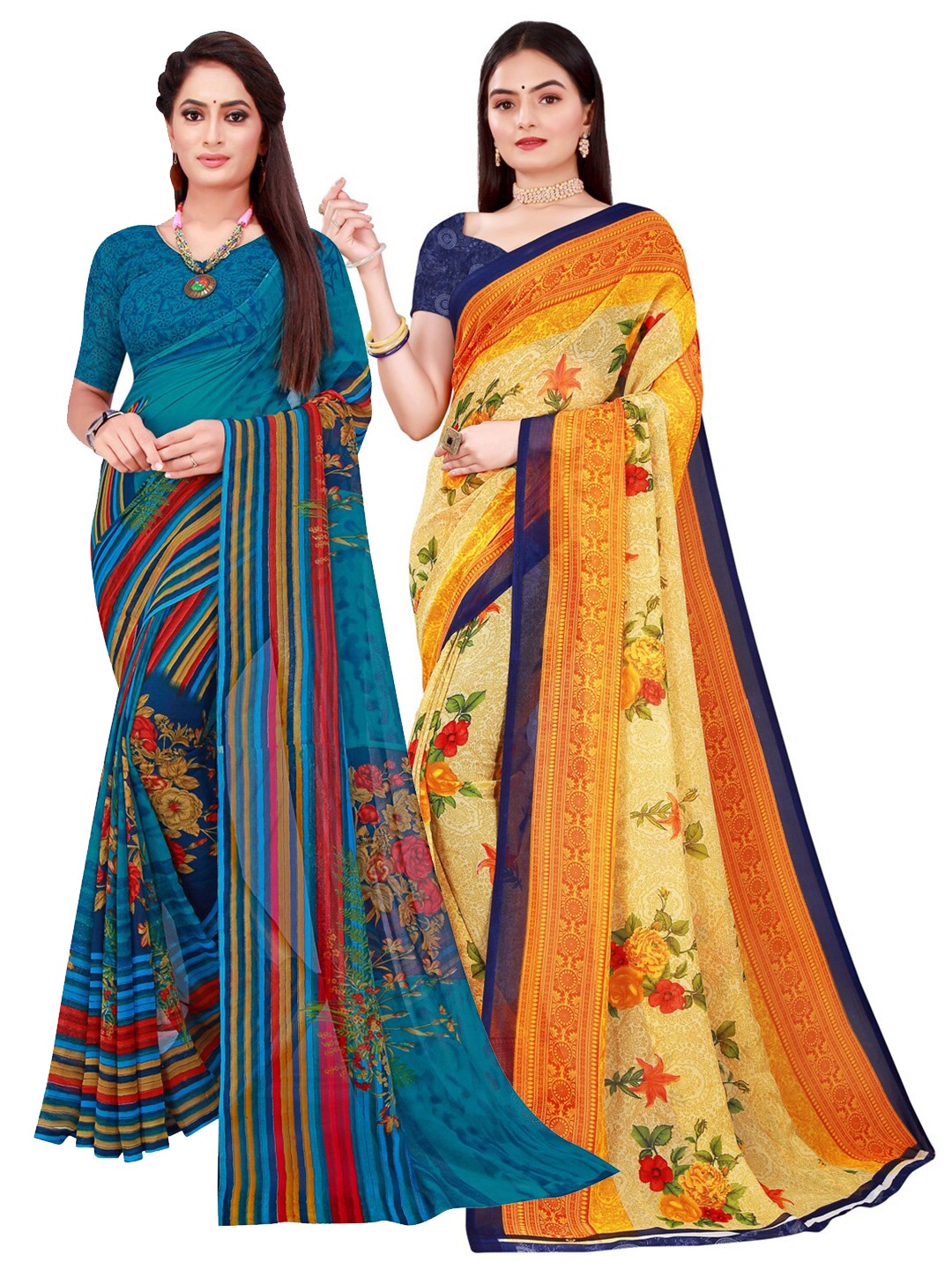 

KALINI Beige & Blue Floral Pack of 2 Pure Georgette Saree