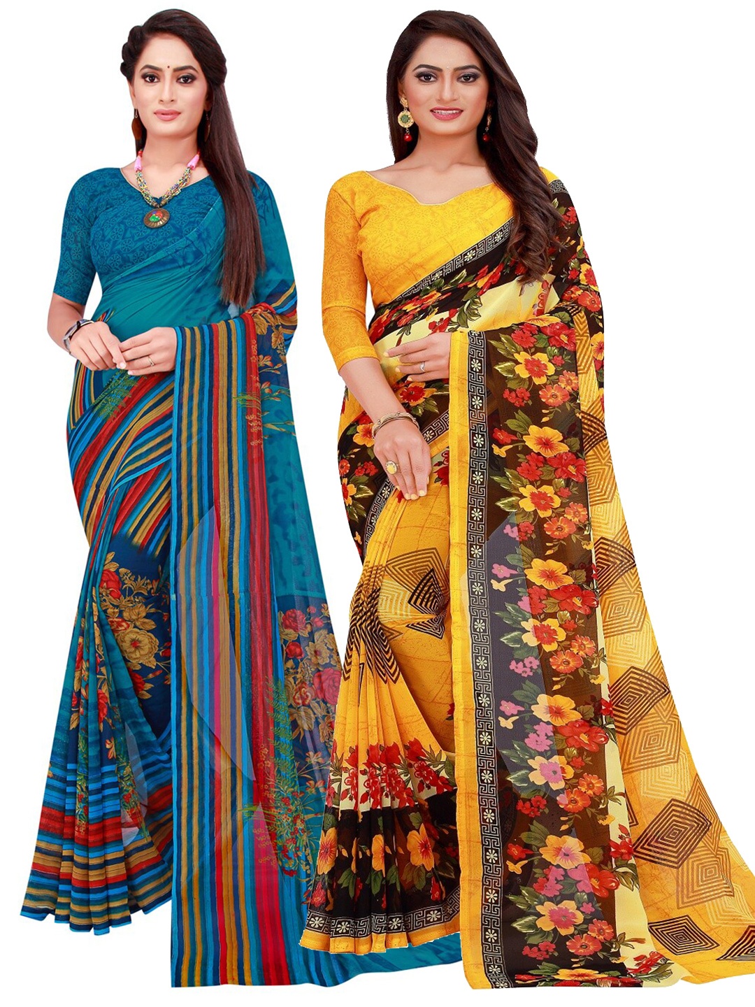 

KALINI Yellow & Blue Floral Pack of 2 Pure Georgette Saree
