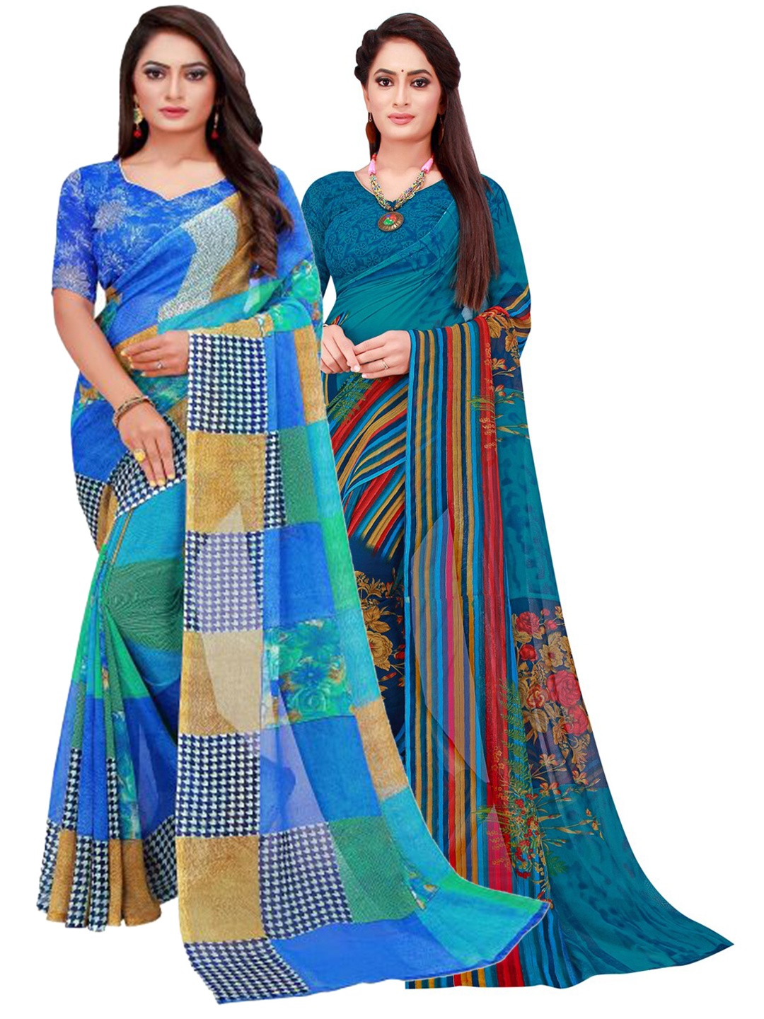 

KALINI Blue & Yellow Geometric Printed Pack of 2 Pure Georgette Saree