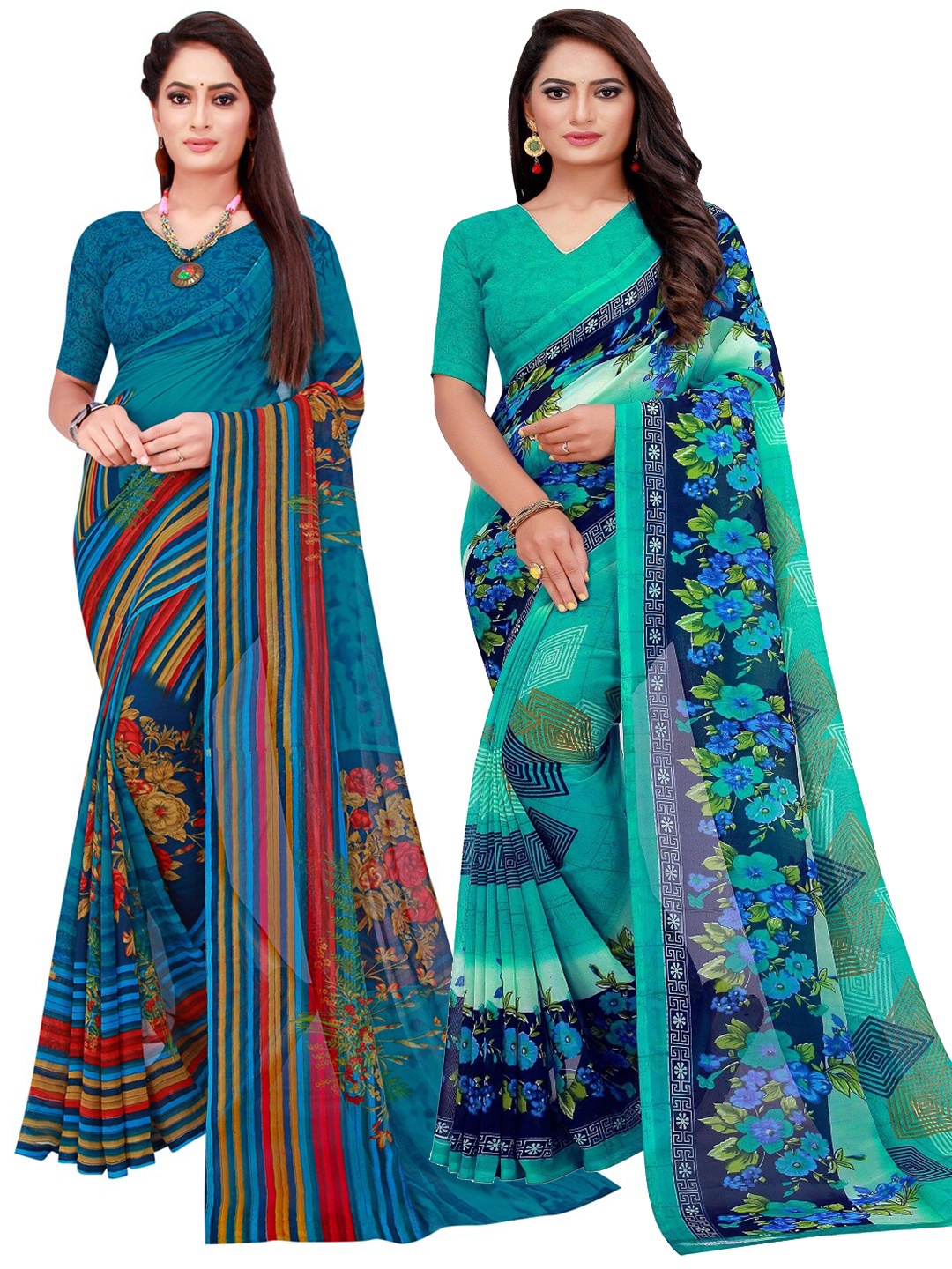 

KALINI Turquoise Blue & Blue Floral Pack of 2 Pure Georgette Saree