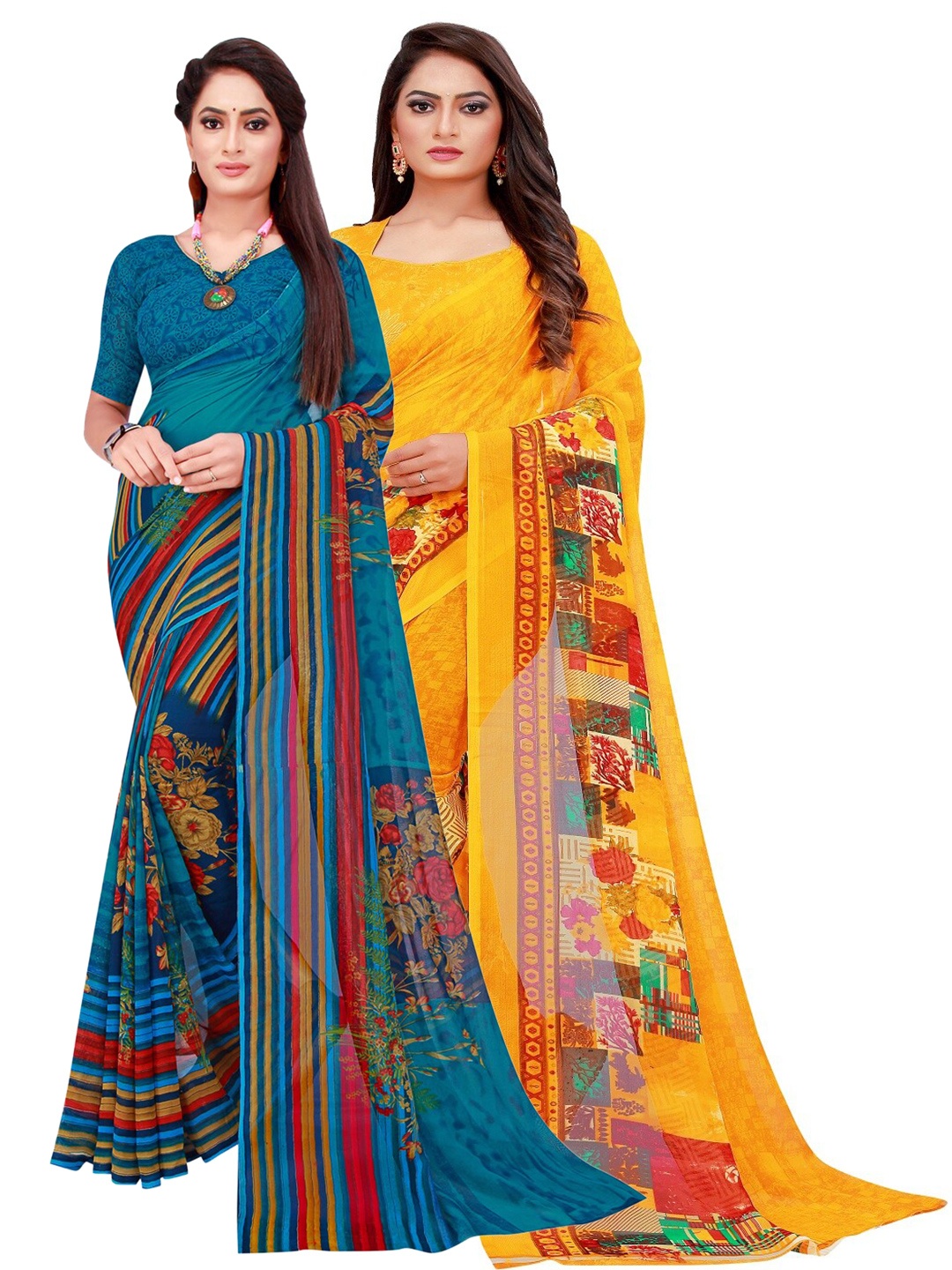 

KALINI Turquoise Blue & Yellow Floral Pack of 2 Pure Georgette Saree