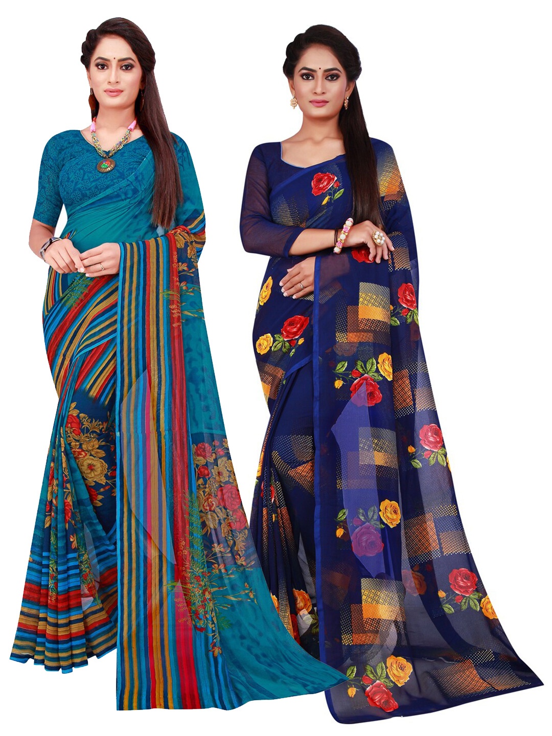 

KALINI Turquoise Blue & Navy Blue Floral Pack of 2 Pure Georgette Saree