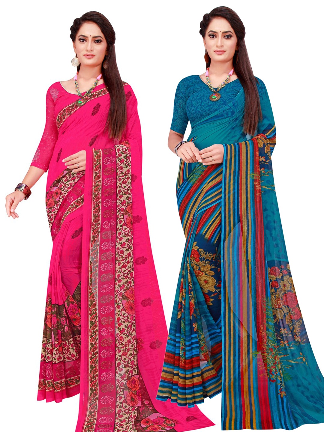 

KALINI Turquoise Blue & Magenta Geometric Printed Pack of 2 Pure Georgette Saree