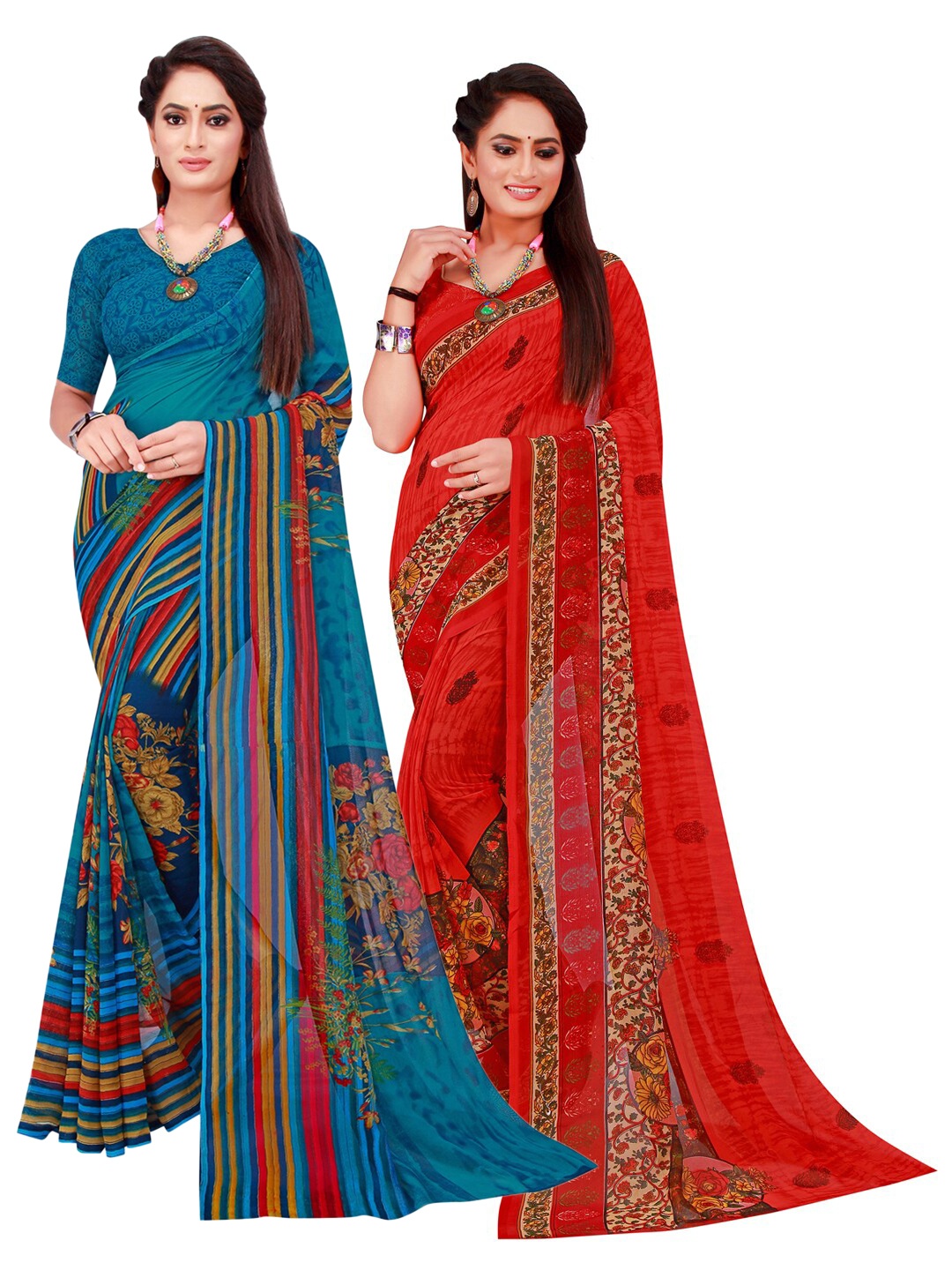 

KALINI Turquoise Blue & Red Floral Pack of 2 Pure Georgette Saree