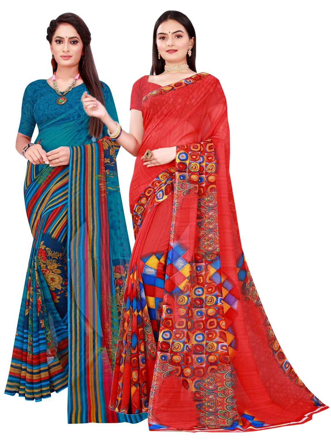 

KALINI Red & Blue Floral Pack of 2 Pure Georgette Saree