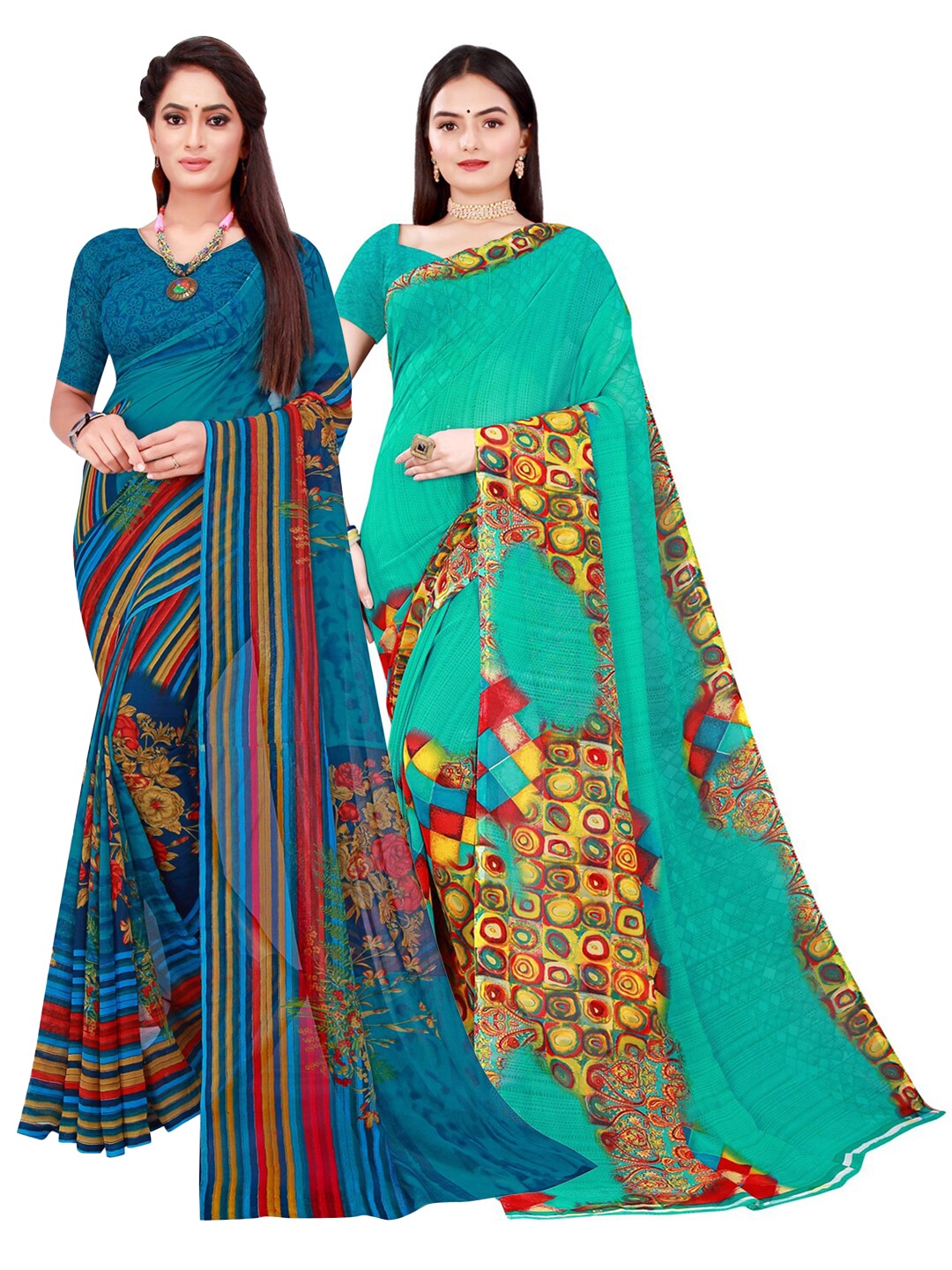 

KALINI Turquoise Blue & Green Geometric Printed Pack of 2 Pure Georgette Saree
