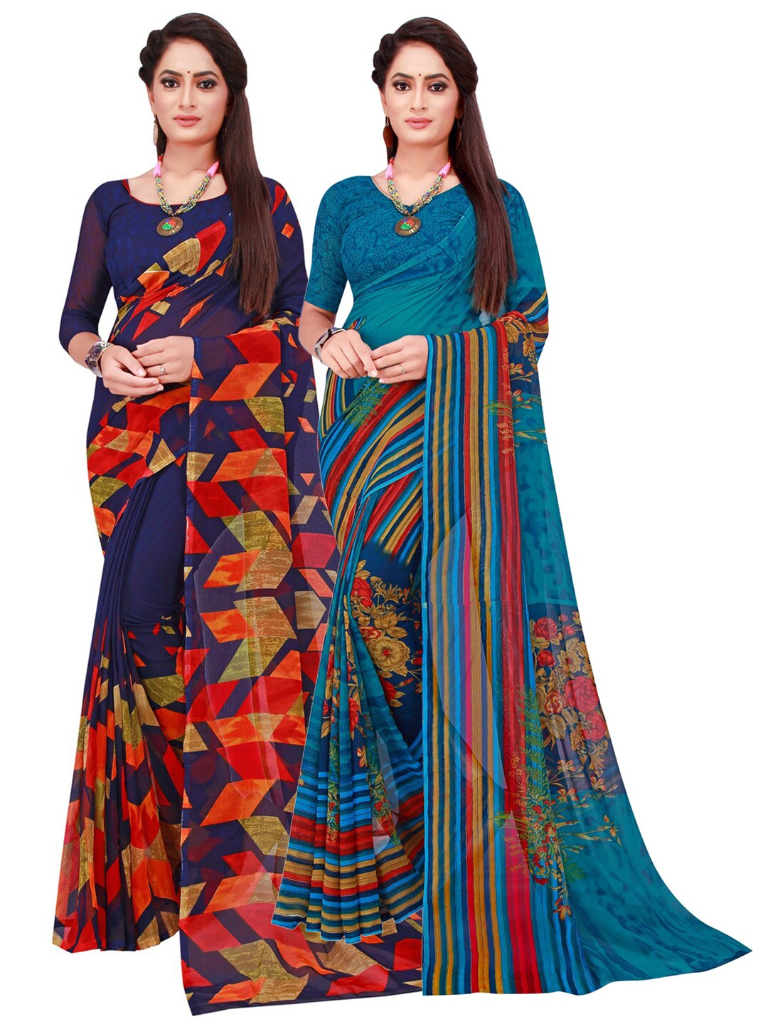 

KALINI Navy Blue & Yellow Pure Geometric Printed Pack of 2 Pure Georgette Saree