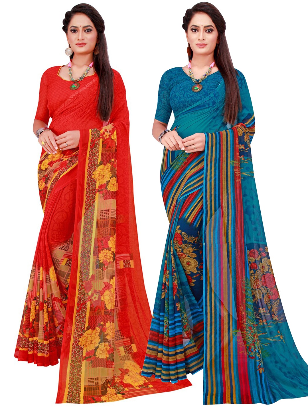 

KALINI Blue & Red Floral Pack of 2 Pure Georgette Saree