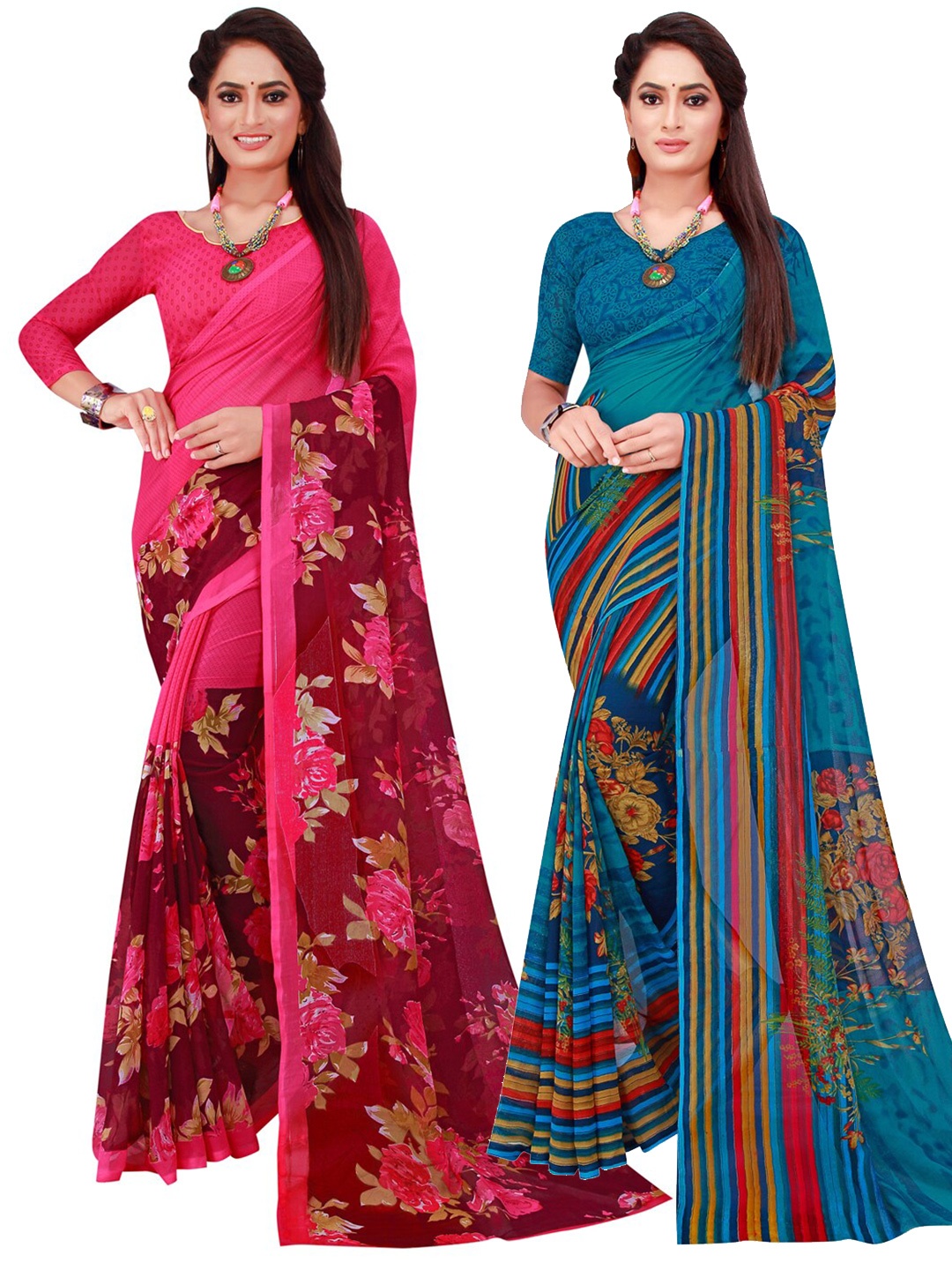

KALINI Blue & Pink Floral Pack of 2 Pure Georgette Saree