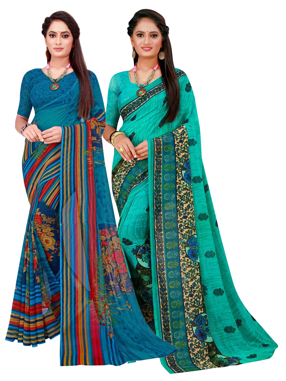 

KALINI Turquoise Blue & Yellow Floral Pack of 2 Pure Georgette Saree