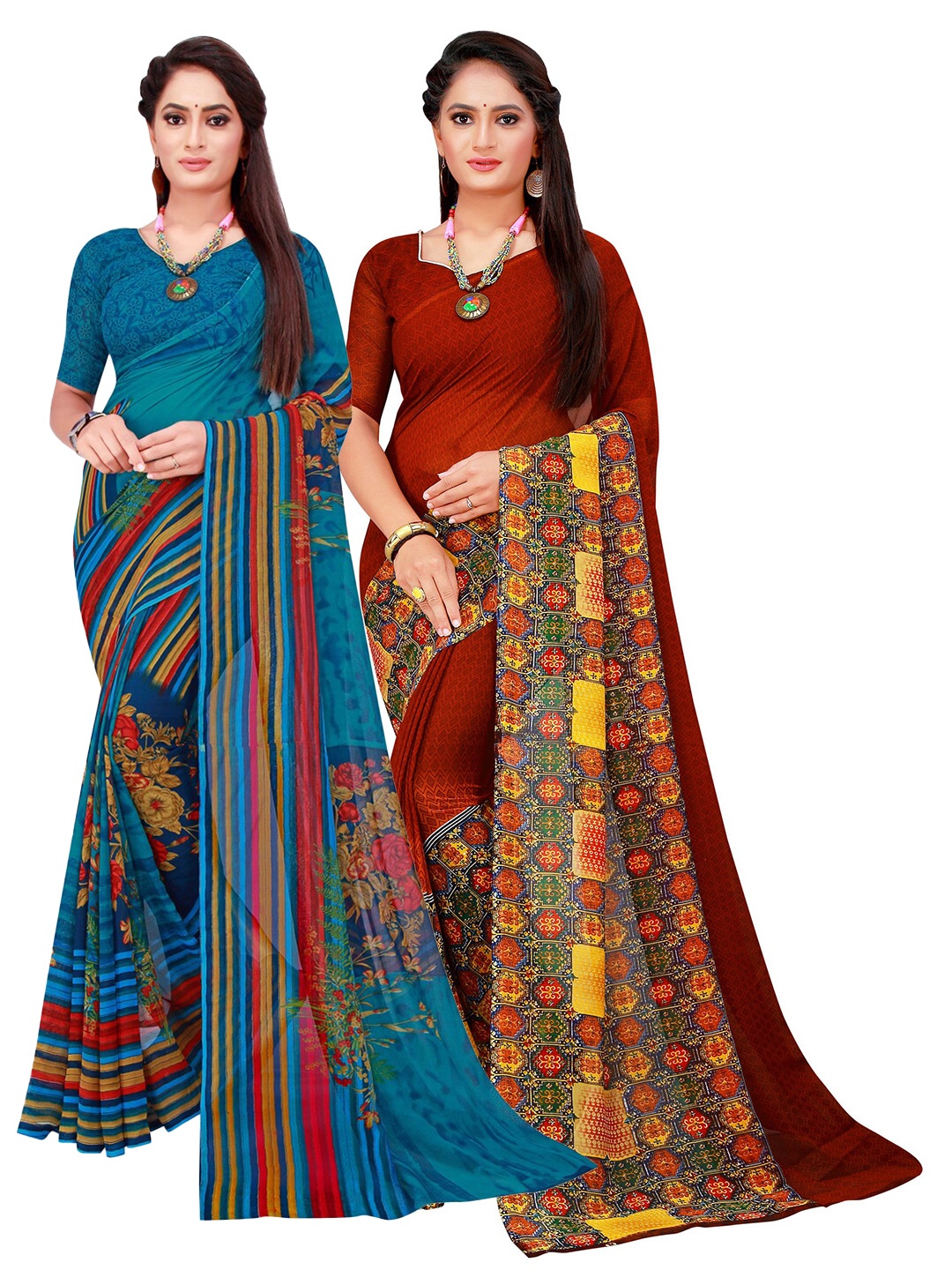 

KALINI Blue & Maroon Geometric Pack of 2 Pure Georgette Saree