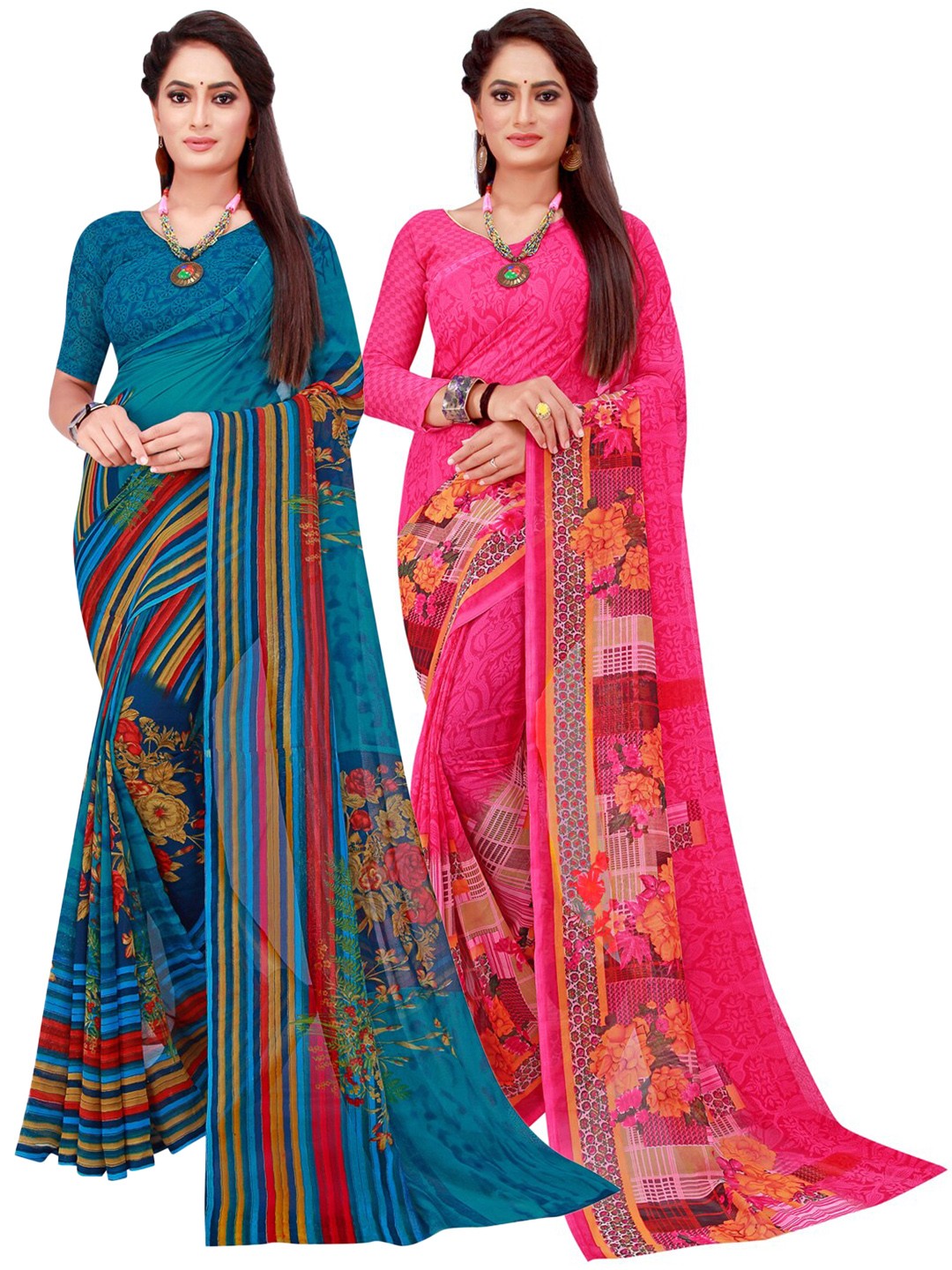 

KALINI Magenta & Blue Geometric Pack of 2 Pure Georgette Saree
