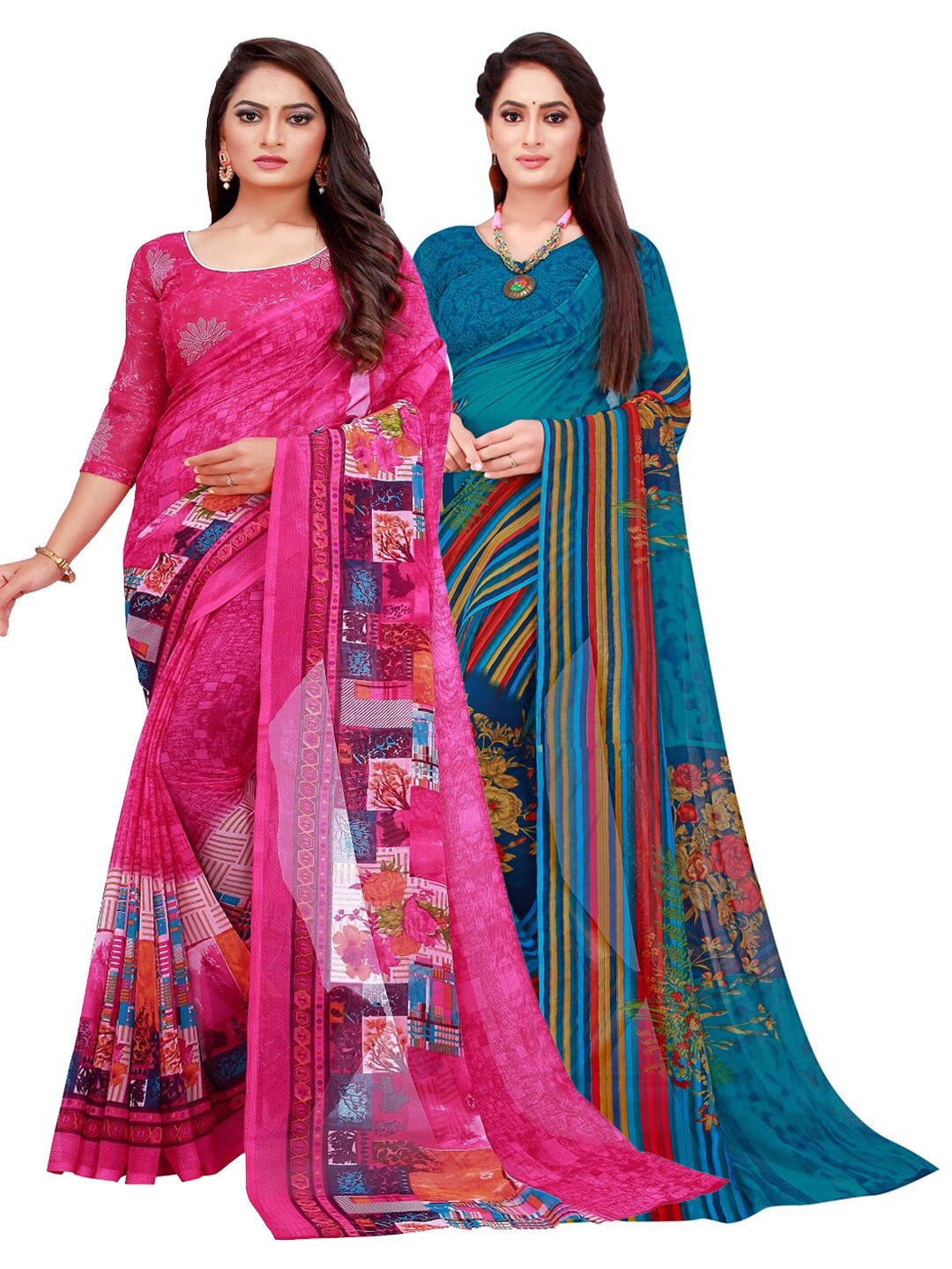 

KALINI Magenta & Blue Geometric Pack of 2 Pure Georgette Saree
