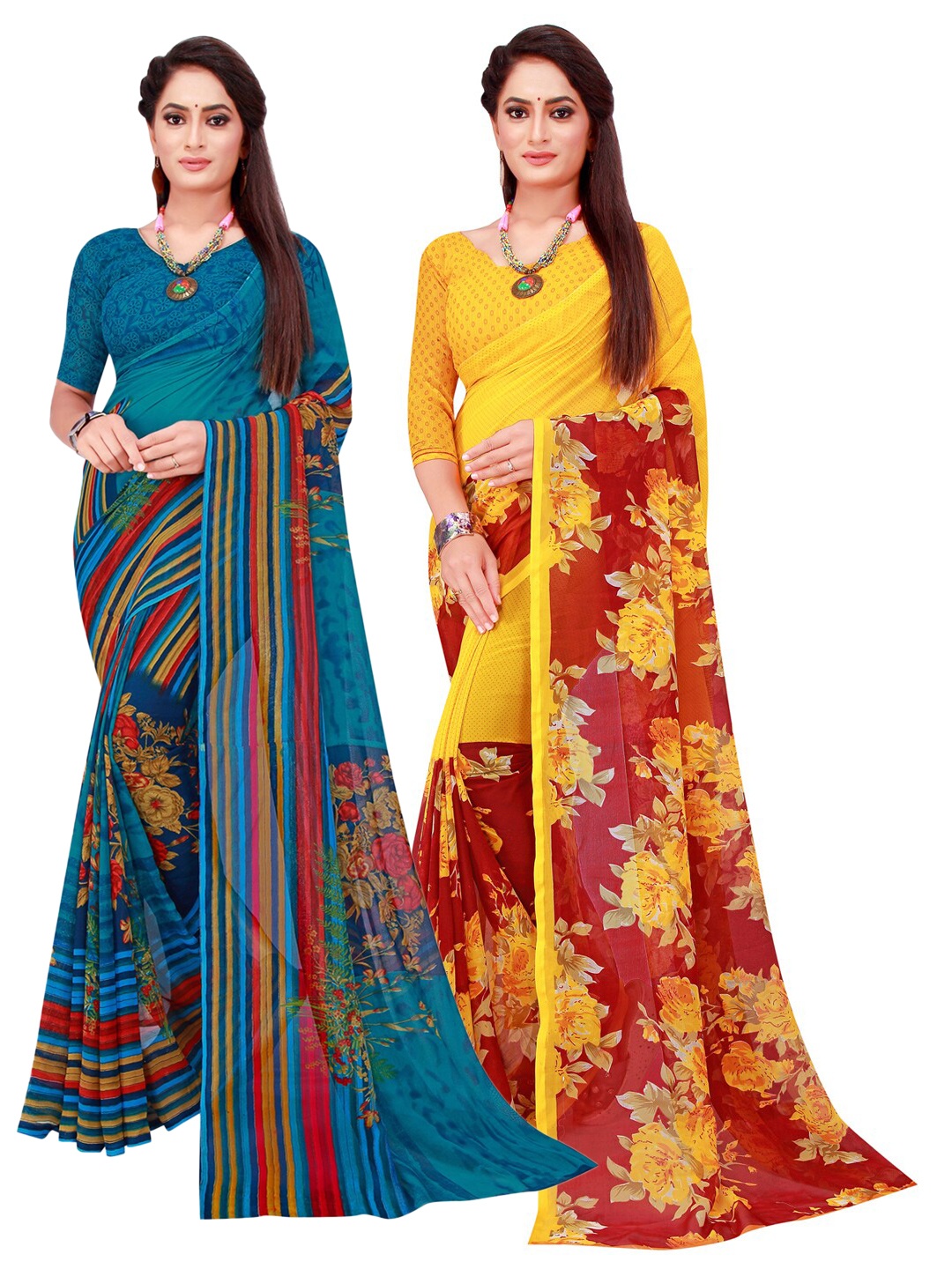 

KALINI Blue & Maroon Floral Pack of 2 Pure Georgette Saree