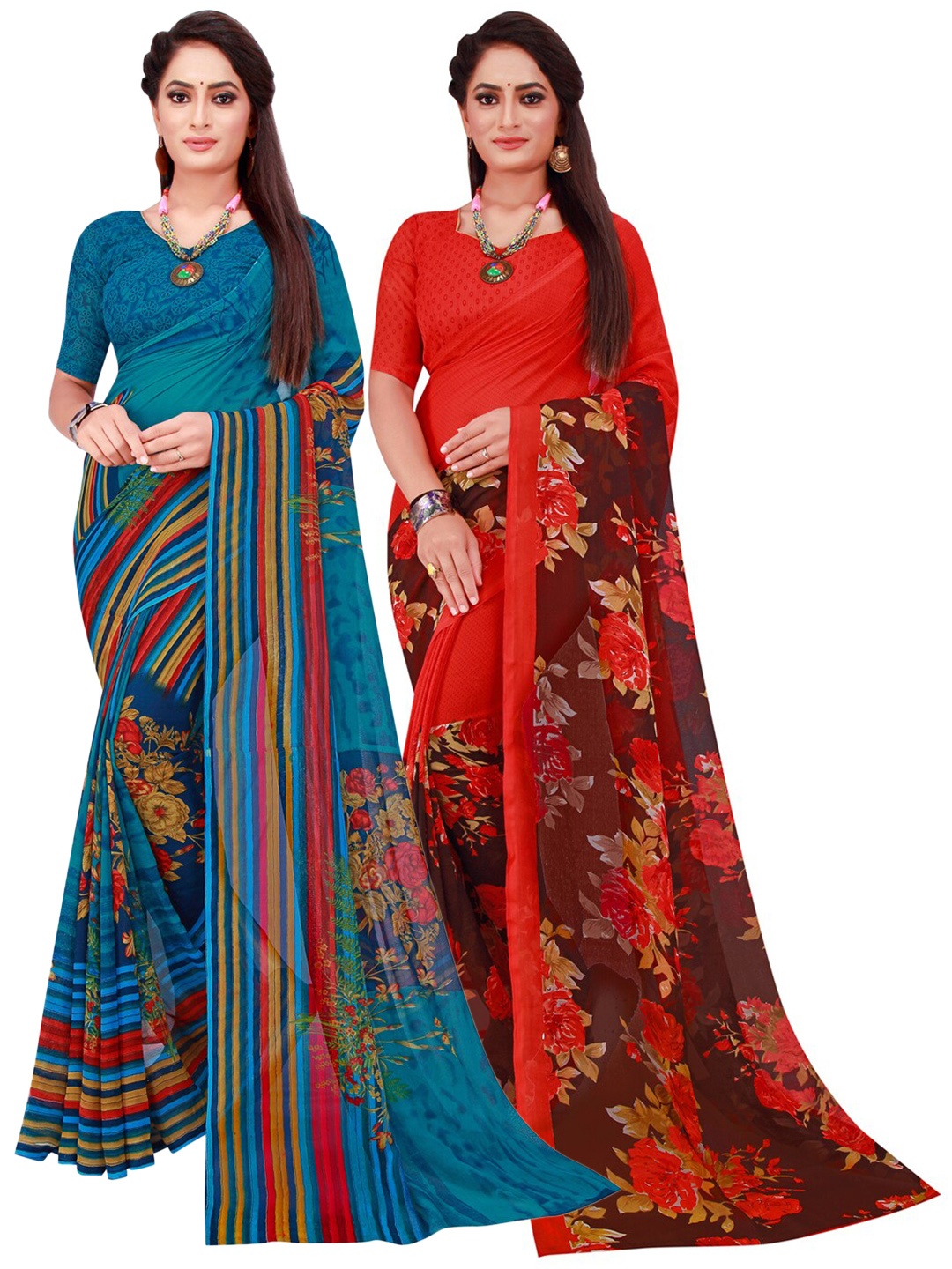

KALINI Blue & Red Floral Pack of 2 Pure Georgette Saree