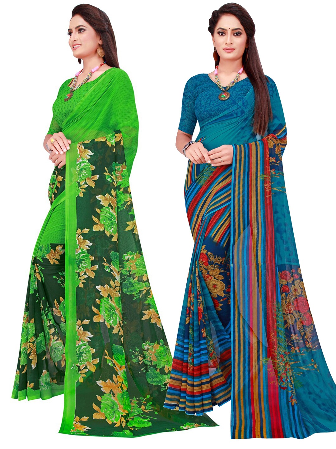 

KALINI Blue & Green Floral Pack of 2 Pure Georgette Saree