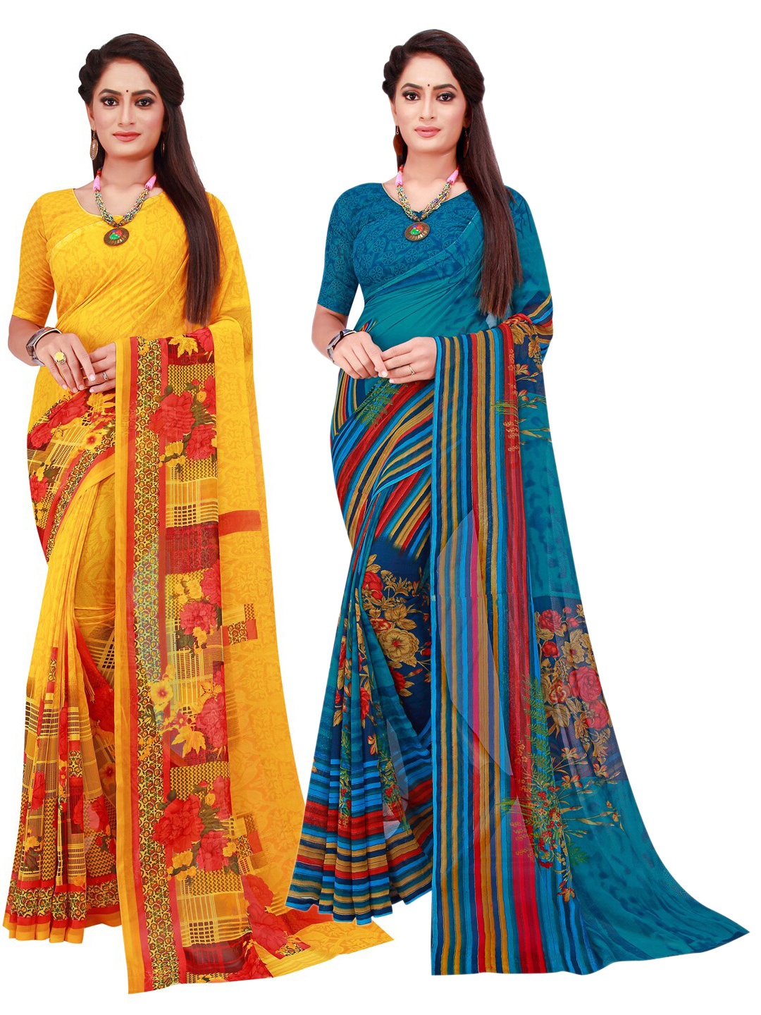 

KALINI Yellow & Blue Geometric Pack of 2 Pure Georgette Saree