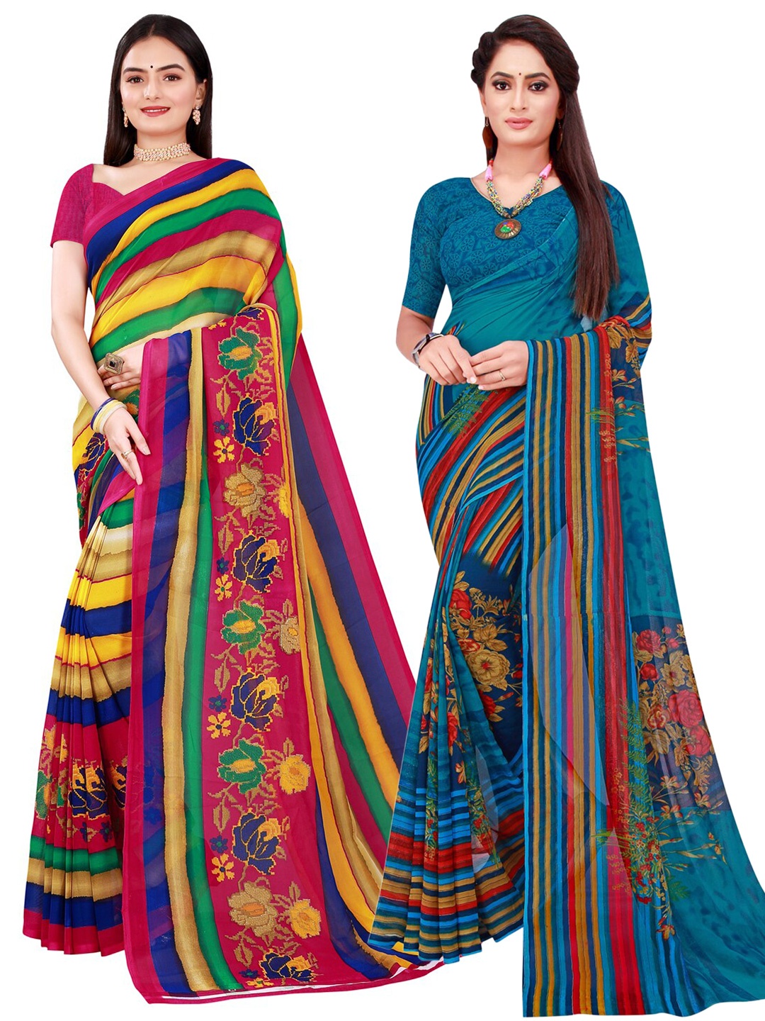 

KALINI Blue & Multicoloured Striped Pack of 2 Pure Georgette Saree