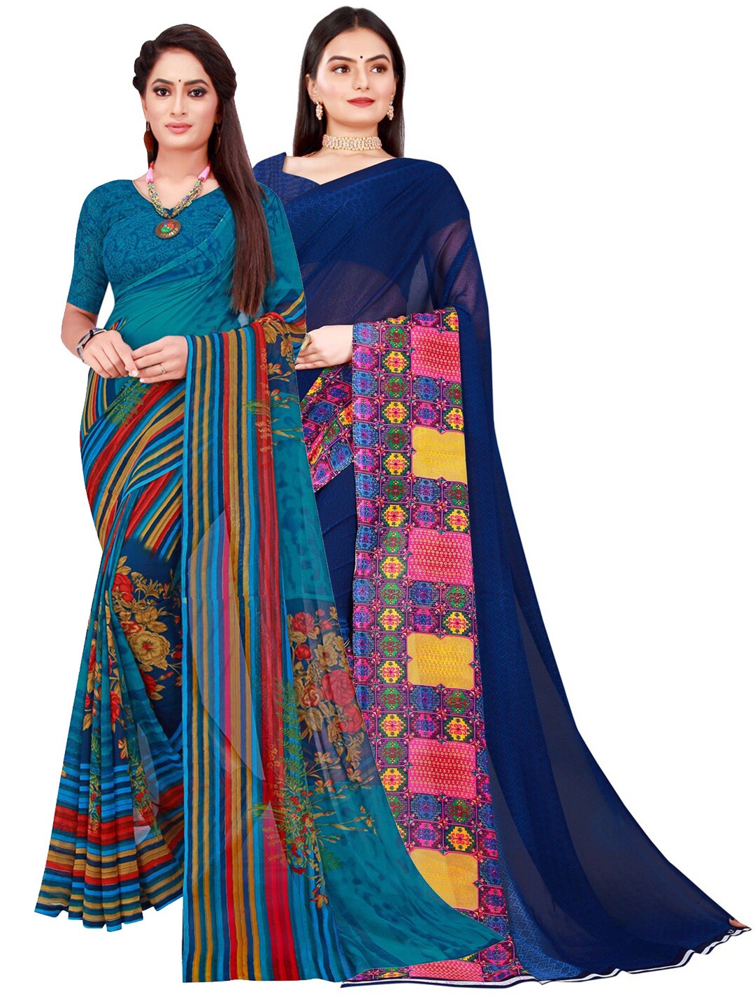 

KALINI Blue & Navy Blue Geometric Pack of 2 Pure Georgette Saree