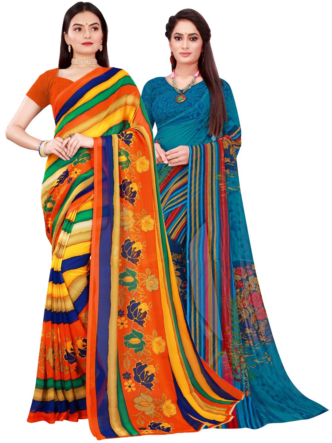 

KALINI Blue & Multicoloured Striped Pure Georgette Saree