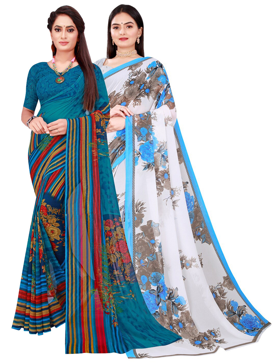 

KALINI Blue & White Floral Pack of 2 Pure Georgette Saree