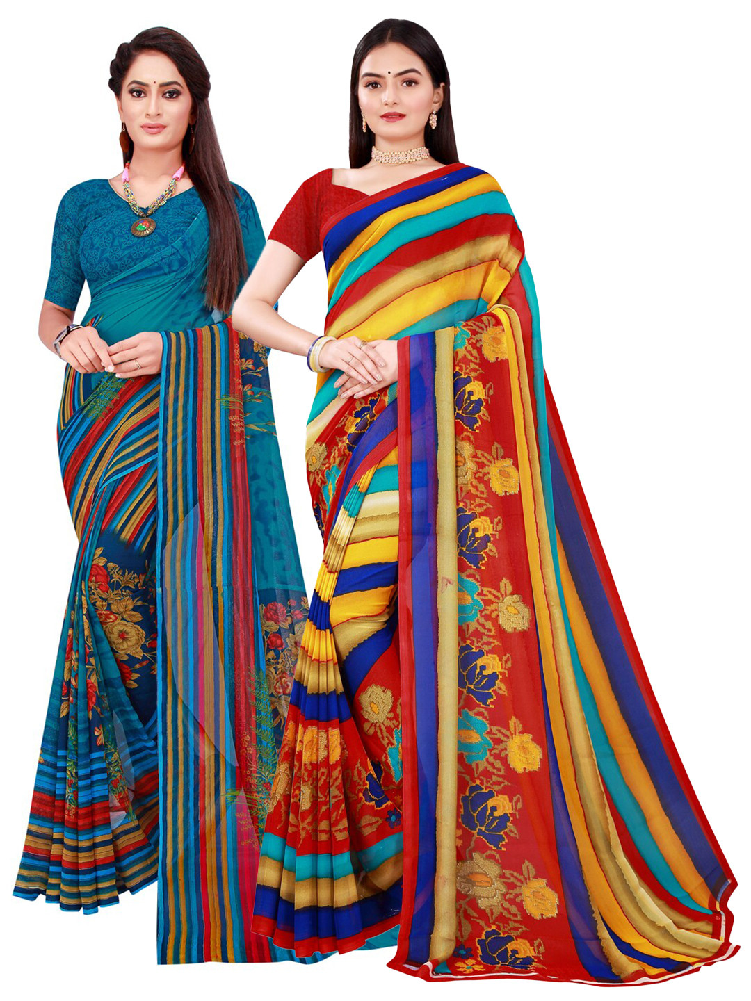 

KALINI Blue & Multicoloured Striped Pack of 2 Pure Georgette Saree