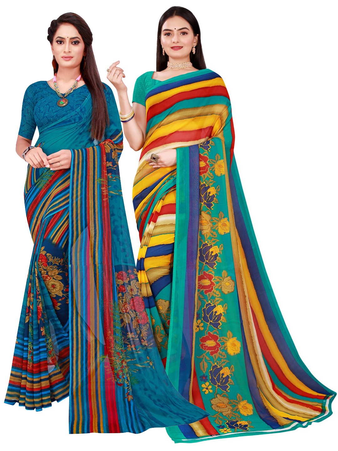 

KALINI Blue & Multicoloured Striped Pack of 2 Pure Georgette Saree