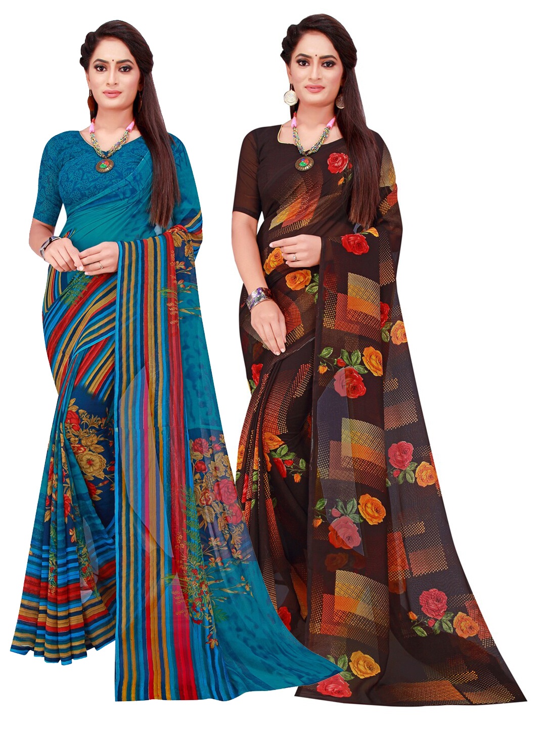 

KALINI Blue & Burgundy Floral Pack of 2 Pure Georgette Saree