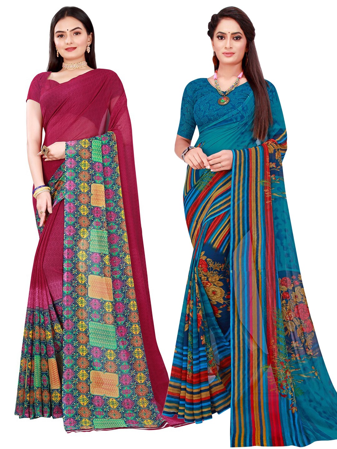 

KALINI Blue & Maroon Geometric Pack of 2 Pure Georgette Saree