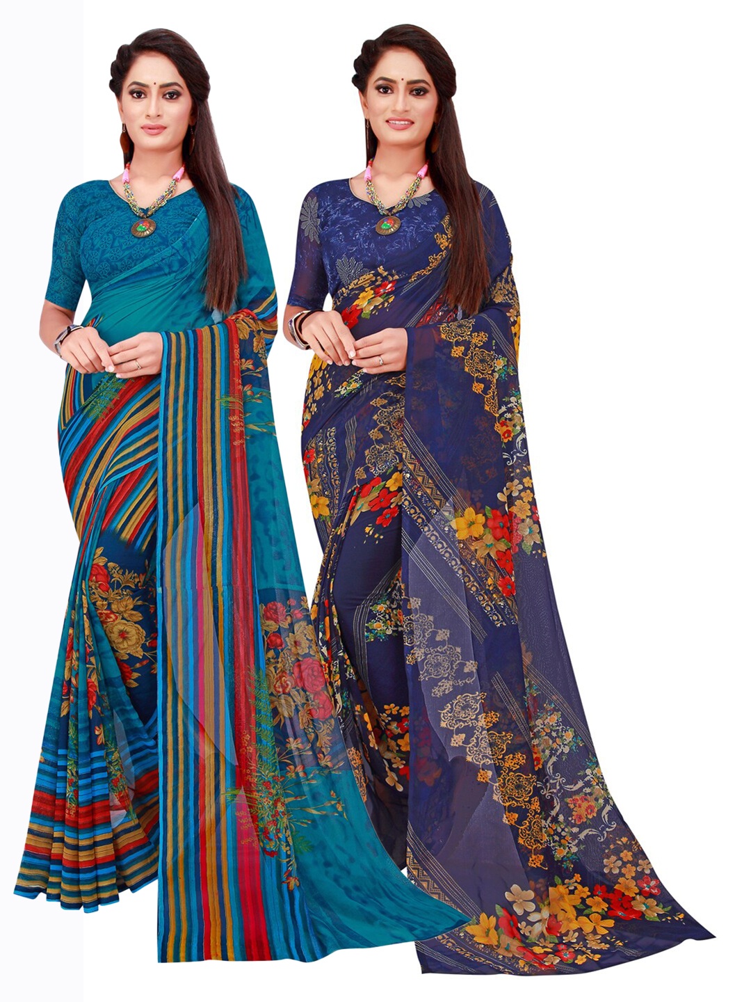 

KALINI Blue & Navy Blue Floral Pack of 2 Pure Georgette Saree