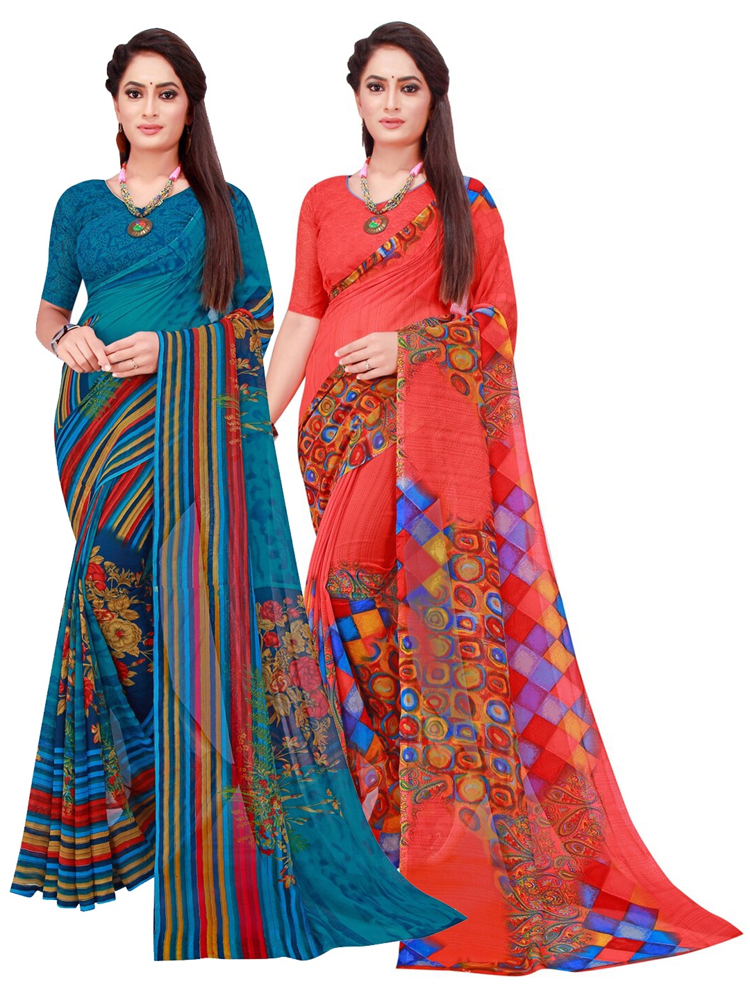 

KALINI Blue & Red Geometric Pack of 2 Pure Georgette Saree