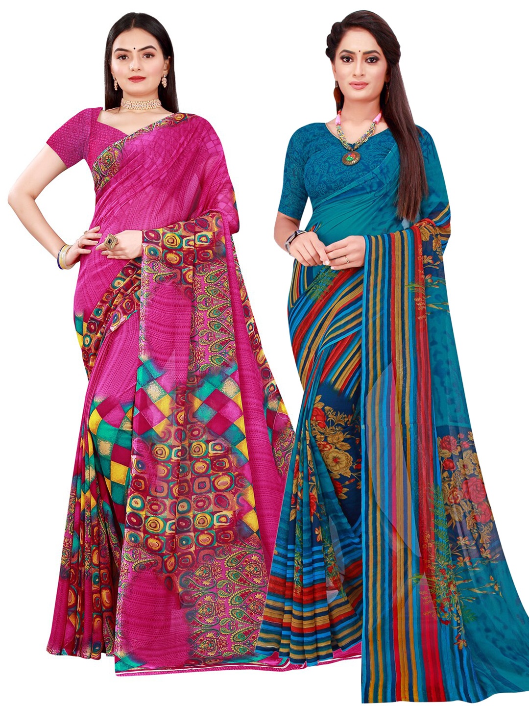 

KALINI Magenta & Blue Floral Pack Of 2 Pure Georgette Sarees