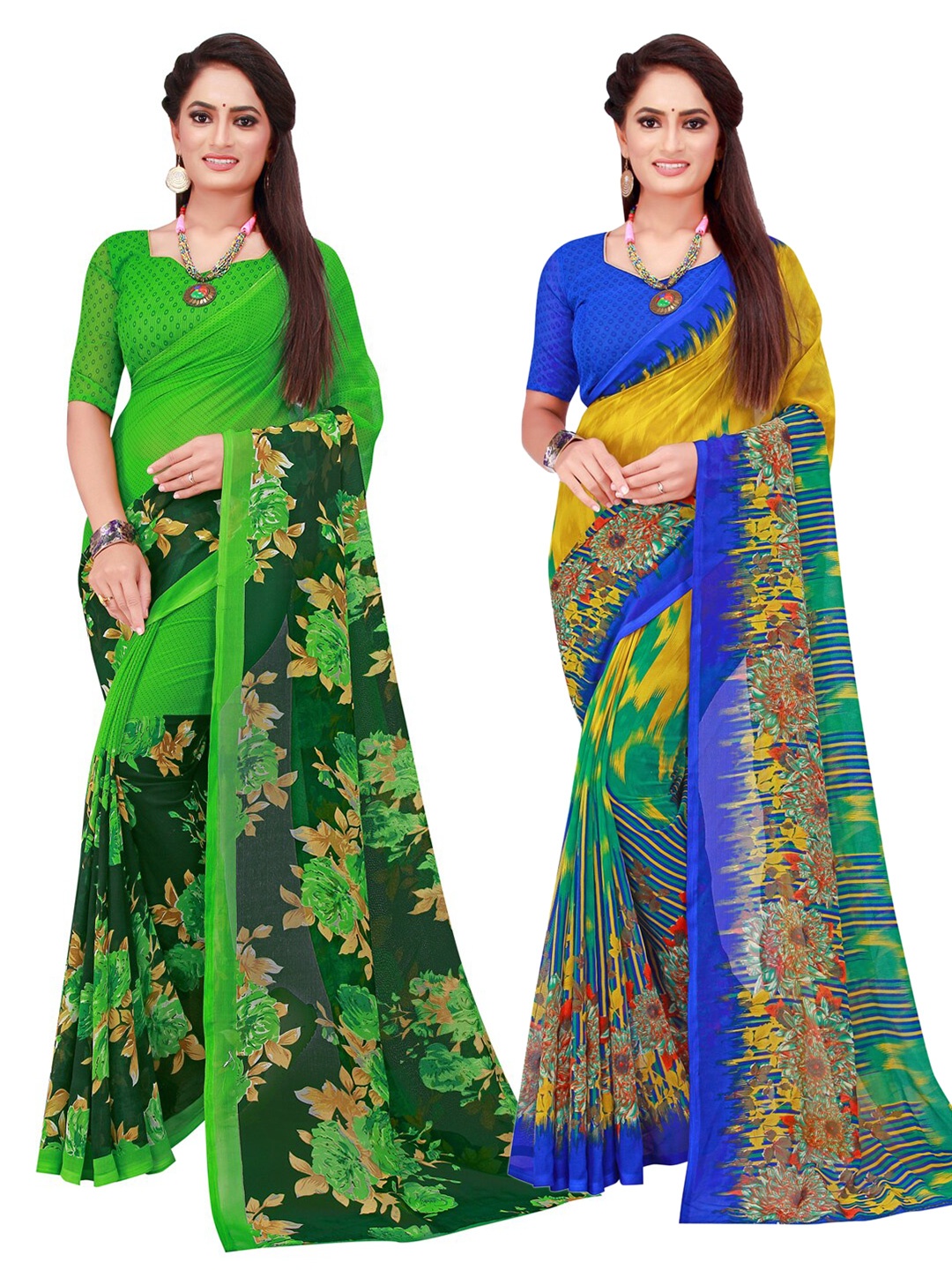 

KALINI Green & Multicoloured Pack Of 2 Pure Georgette Sarees