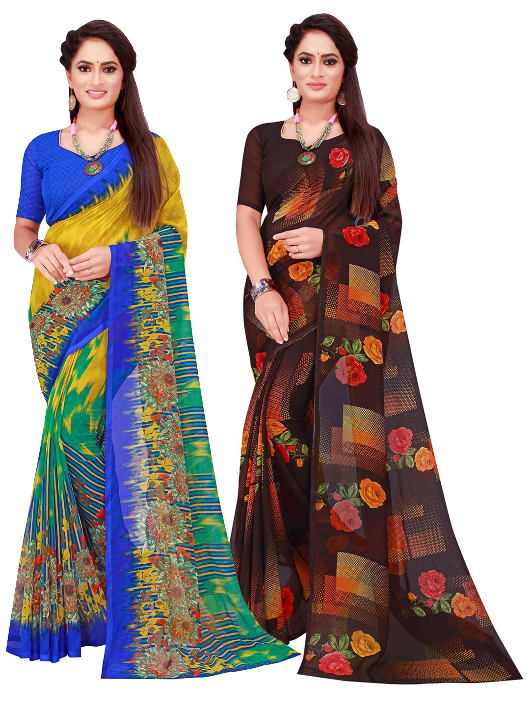 

KALINI Multicoloured & Brown Pack Of 2 Pure Georgette Sarees, Multi