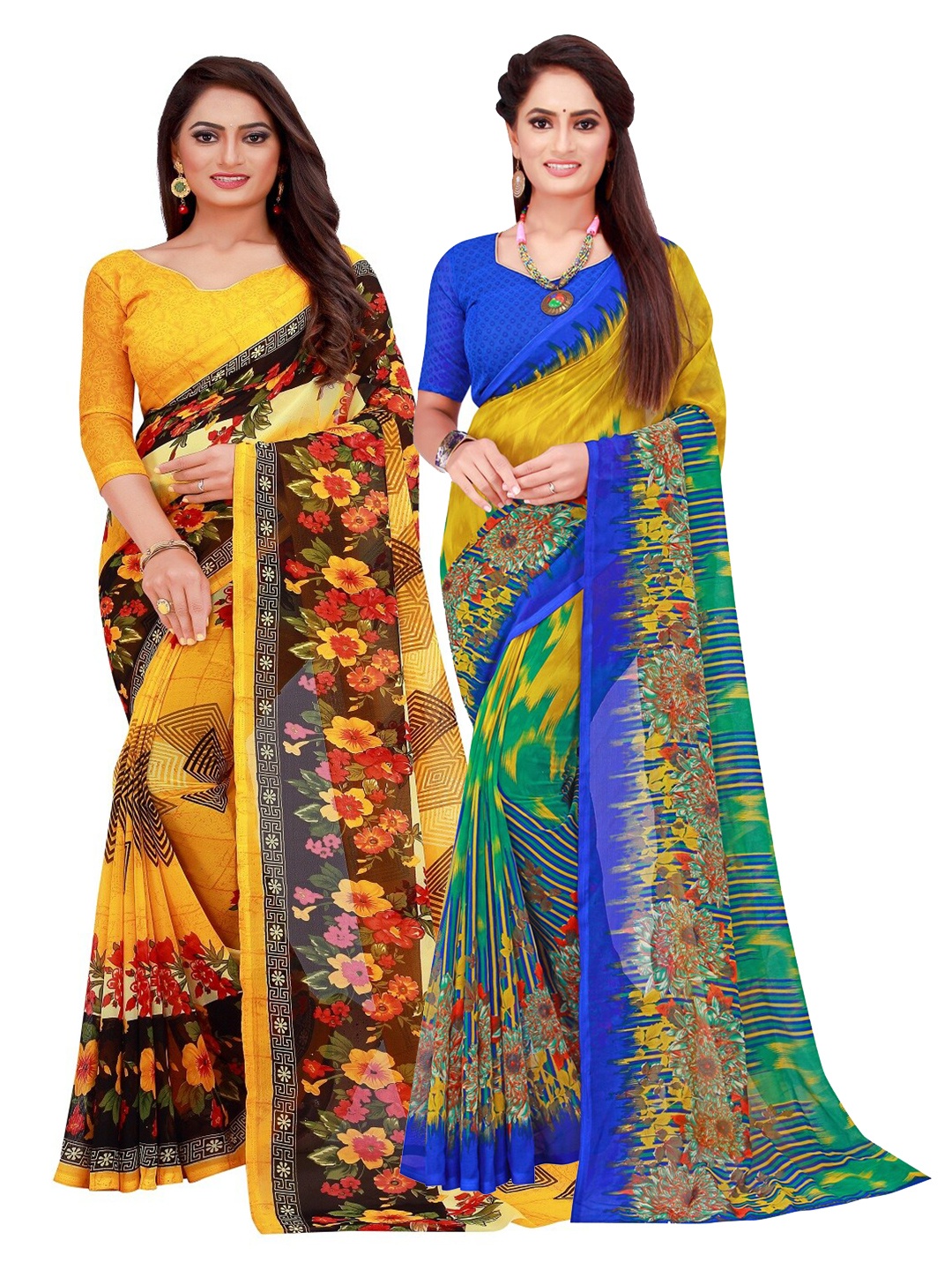 

KALINI Yellow & Multicoloured Pack Of 2 Pure Georgette Sarees