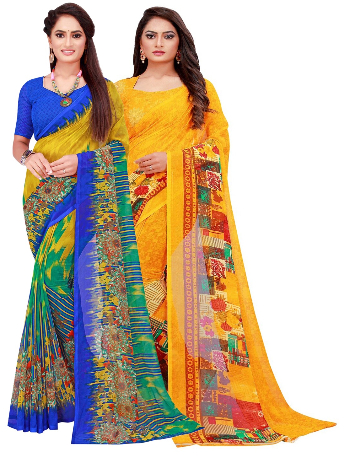 

KALINI Multicoloured & Yellow Pack Of 2 Pure Georgette Sarees, Multi