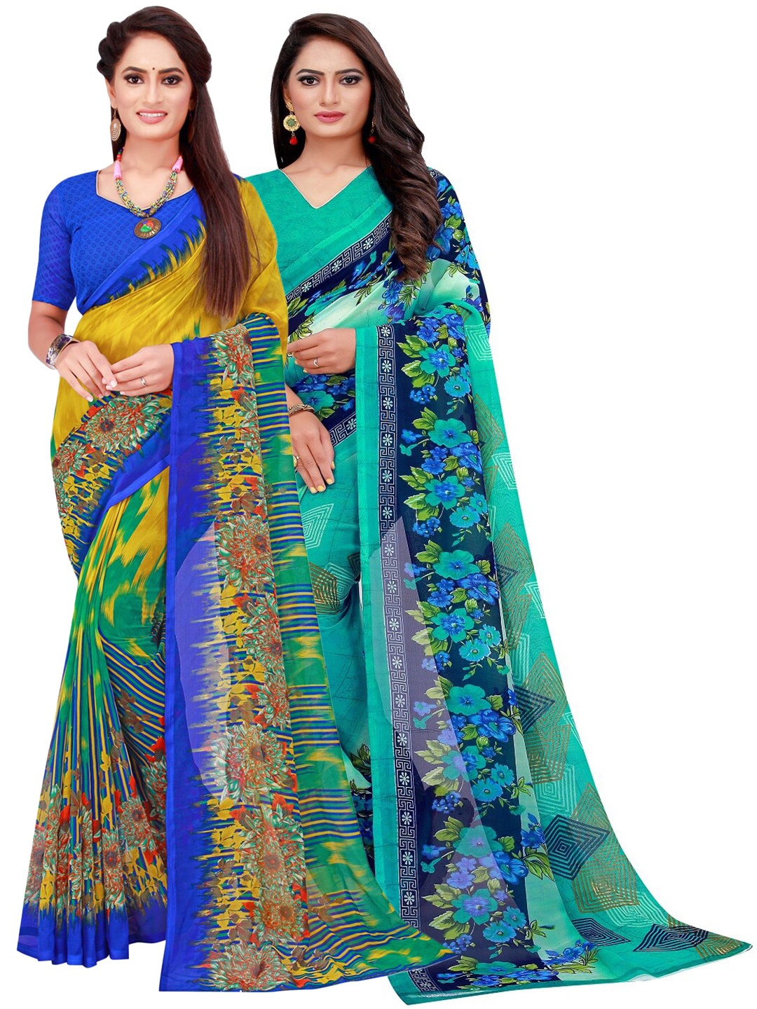 

KALINI Turquoise Blue & Multicoloured Pack Of 2 Pure Georgette Sarees