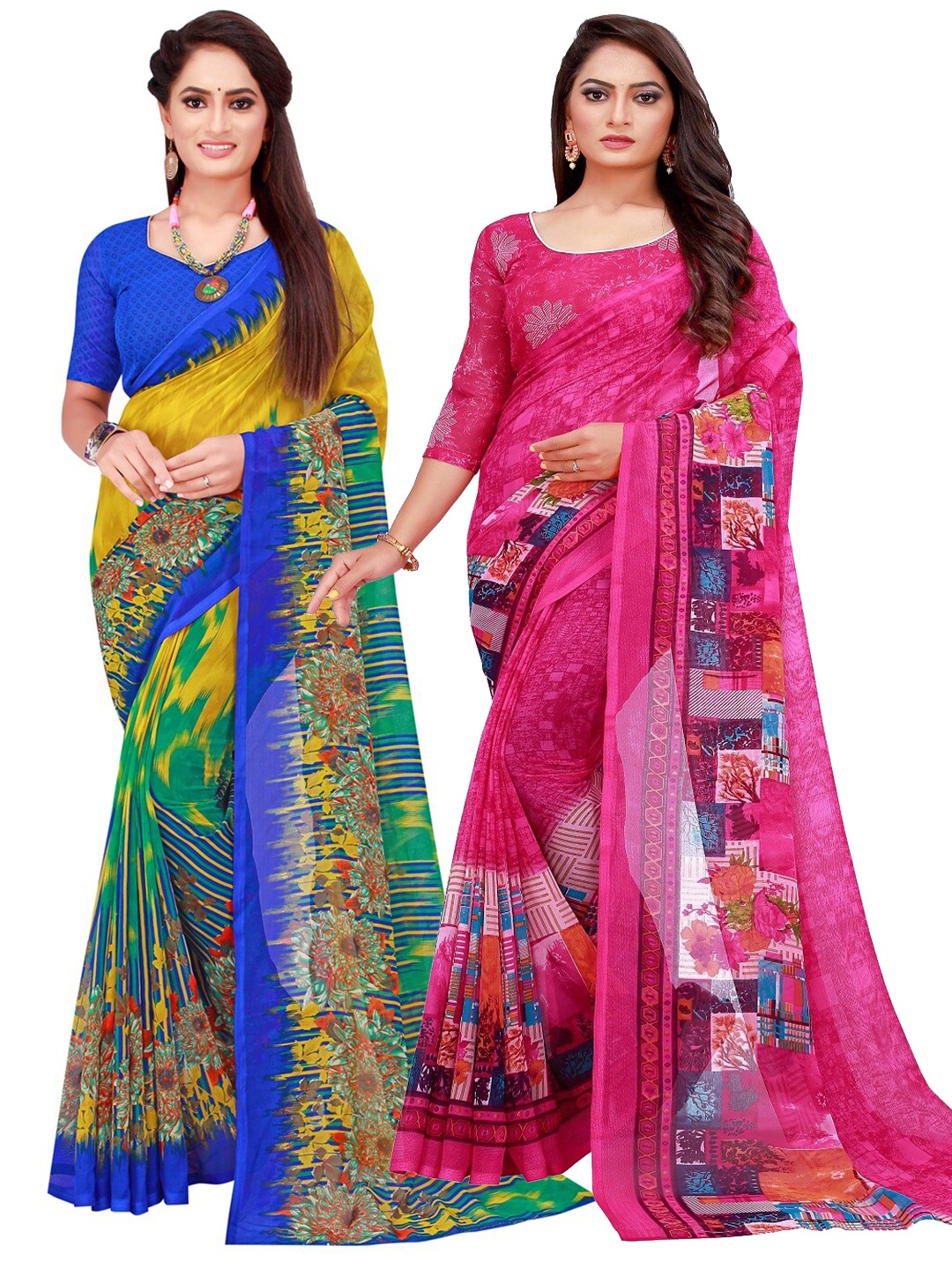 

KALINI Magenta & Multicoloured Floral Pack Of 2 Pure Georgette Sarees