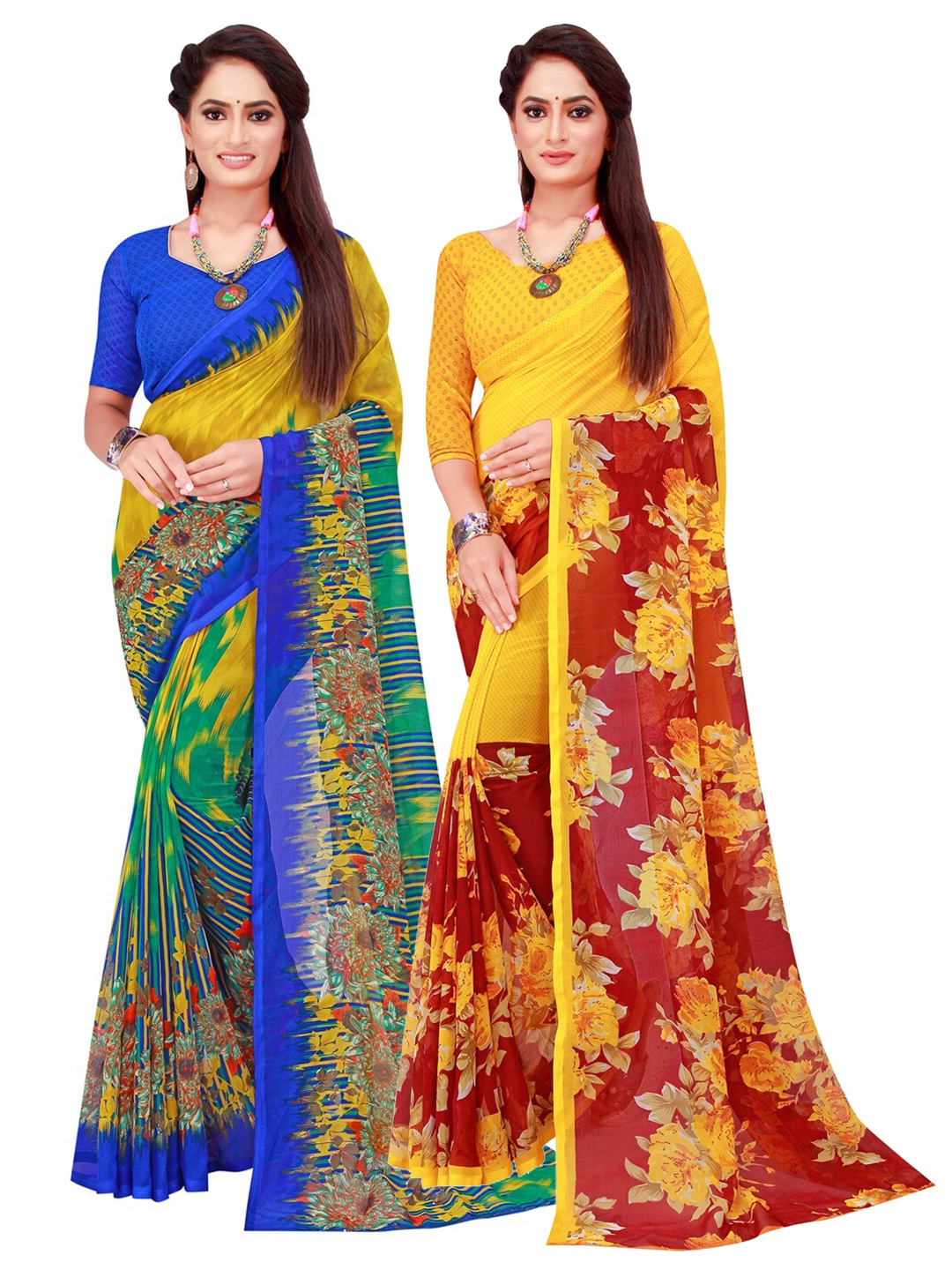 

KALINI Maroon & Multicoloured Floral Pack Of 2 Pure Georgette Sarees